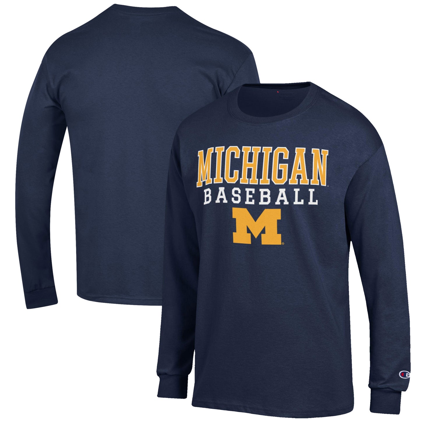 Men's Champion Navy Michigan Wolverines Baseball Stack Long Sleeve T-Shirt