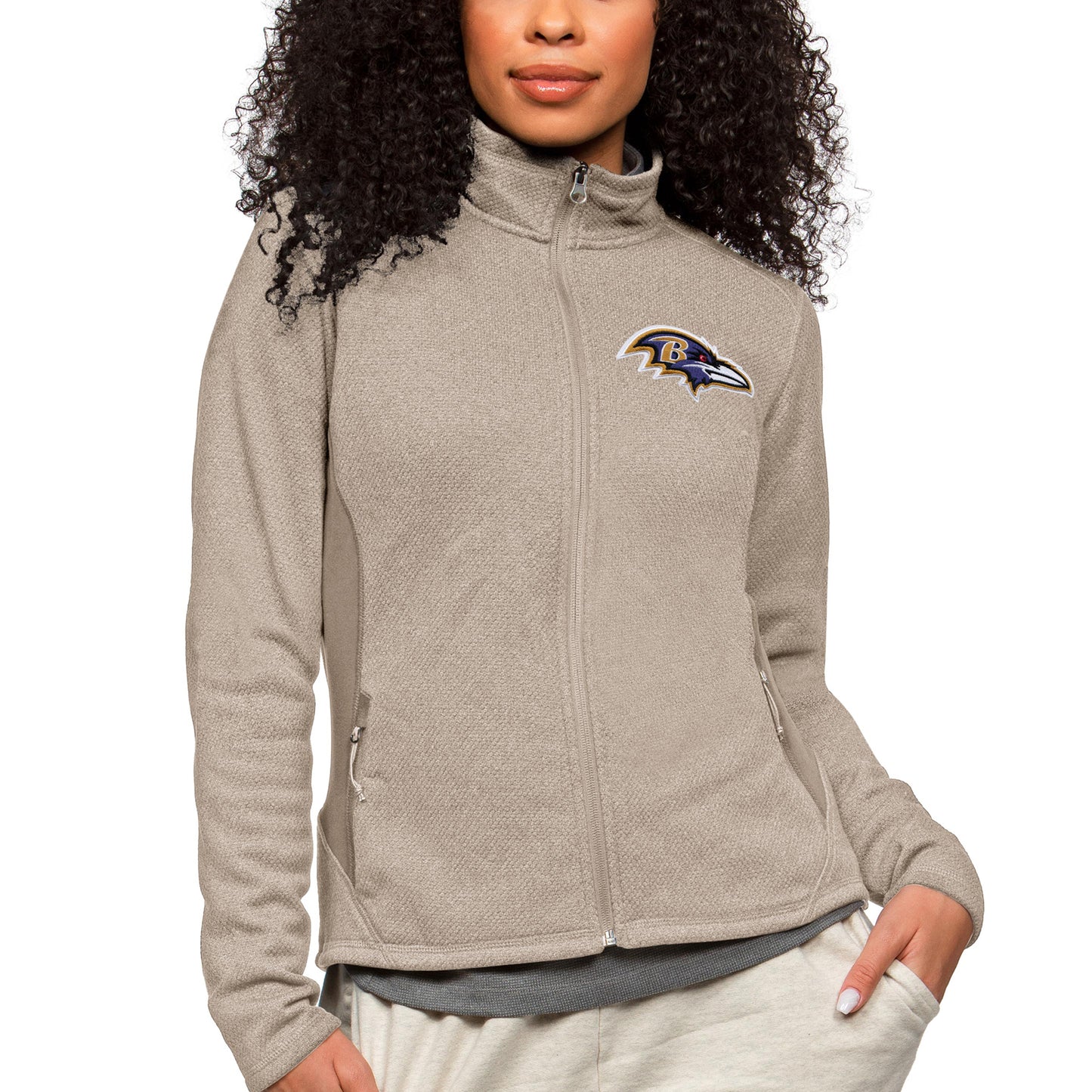 Women's Antigua Oatmeal Baltimore Ravens Course Full-Zip Jacket