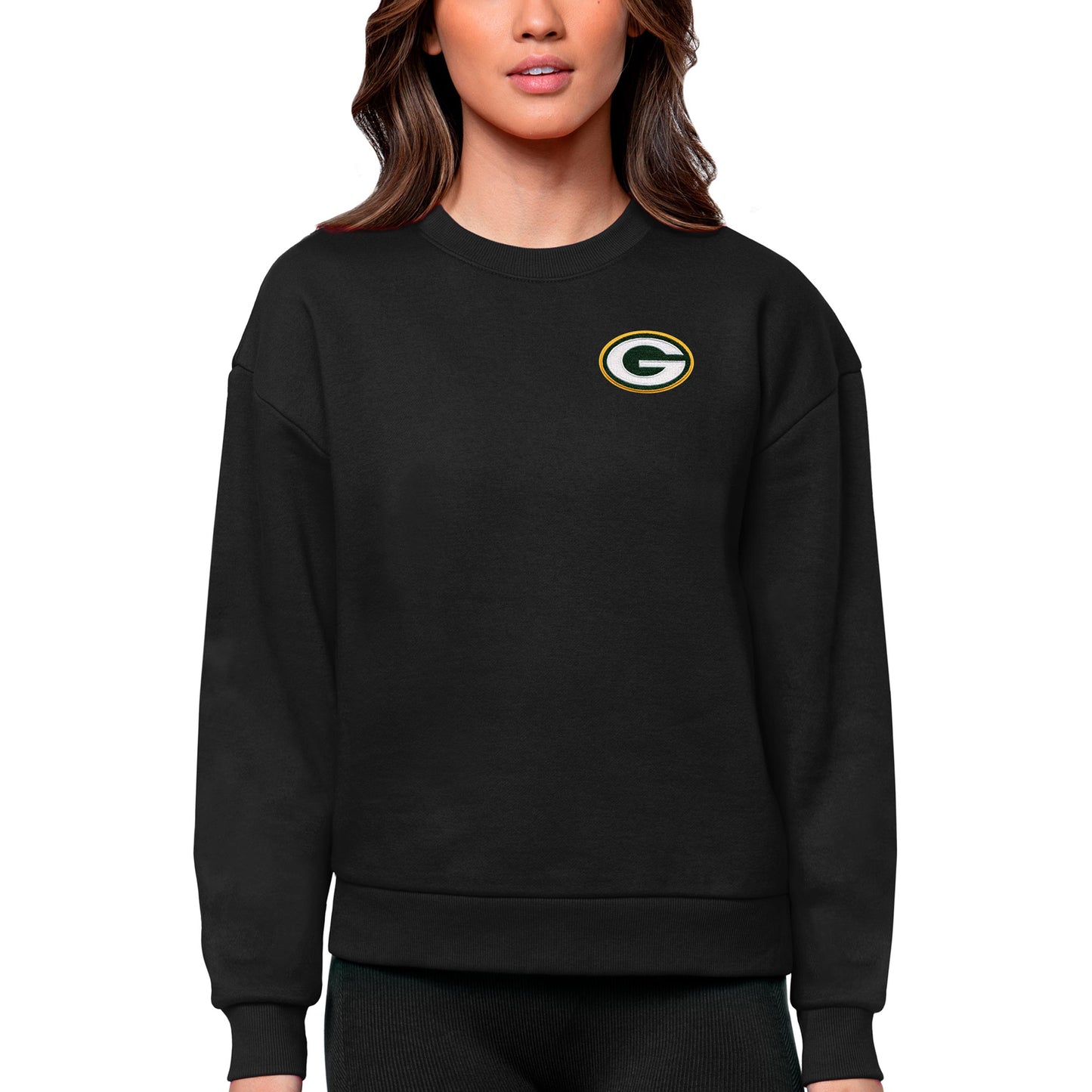 Women's Antigua Black Green Bay Packers Victory Crewneck Pullover Sweatshirt