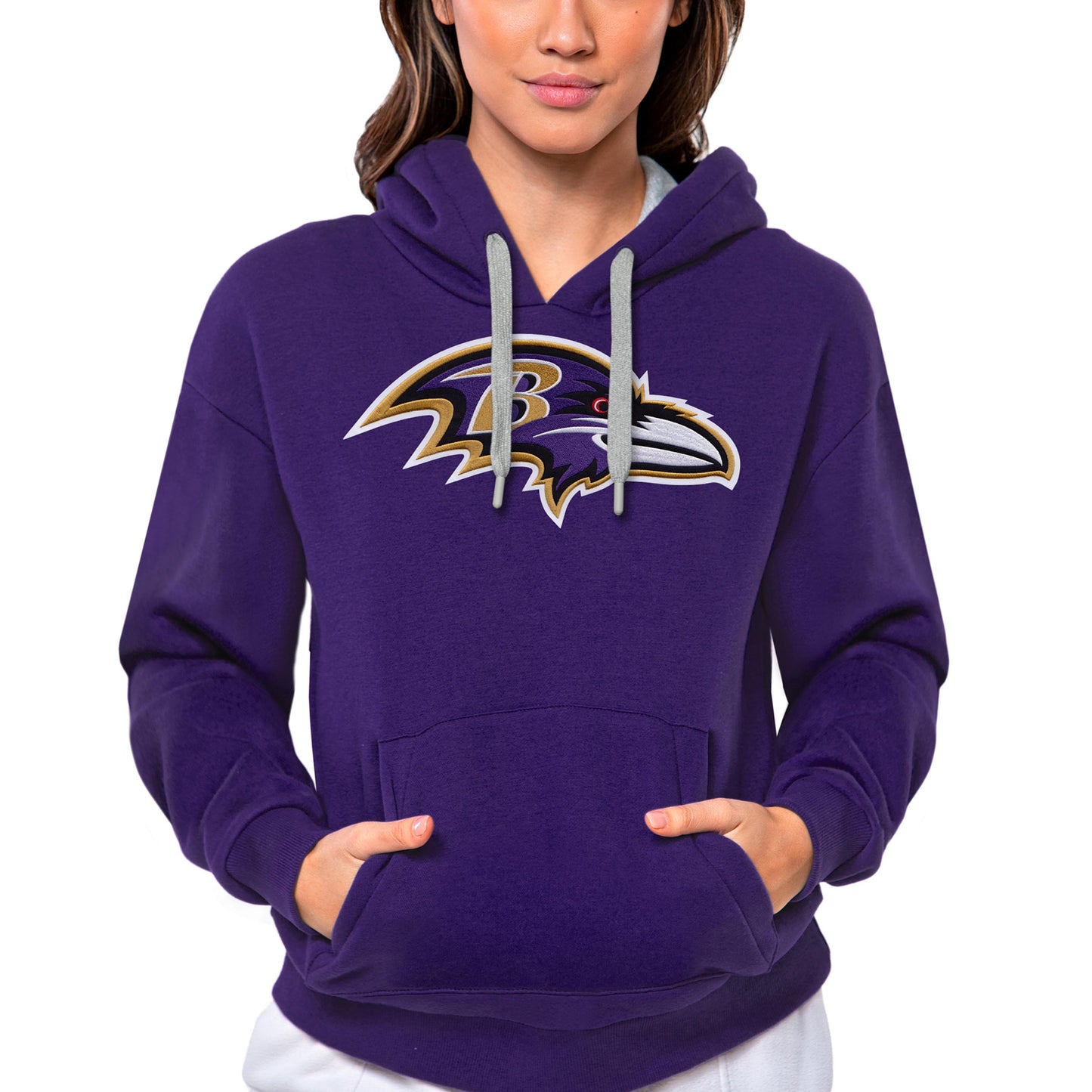 Women's Antigua Purple Baltimore Ravens Victory Logo Pullover Hoodie