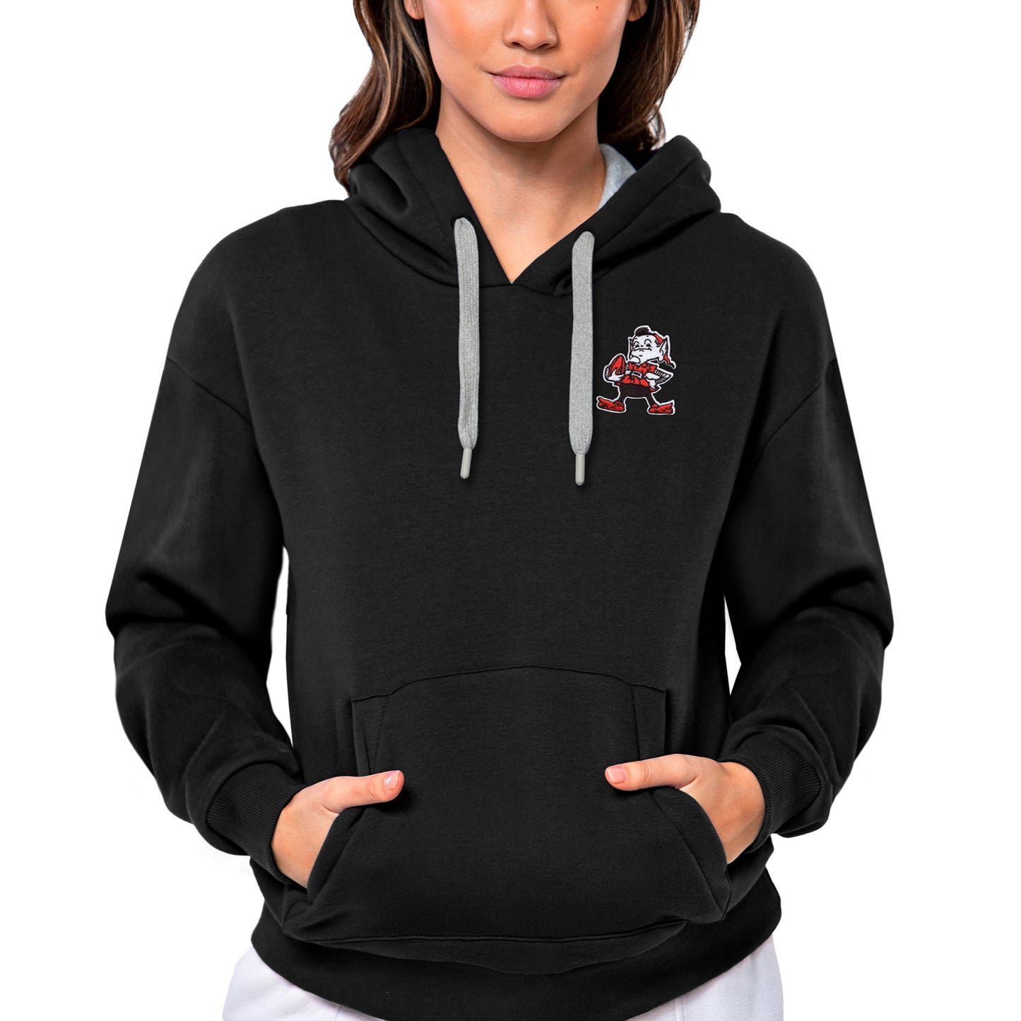 Women's Antigua Black Cleveland Browns Brownie The Elf Historic Victory Pullover Hoodie
