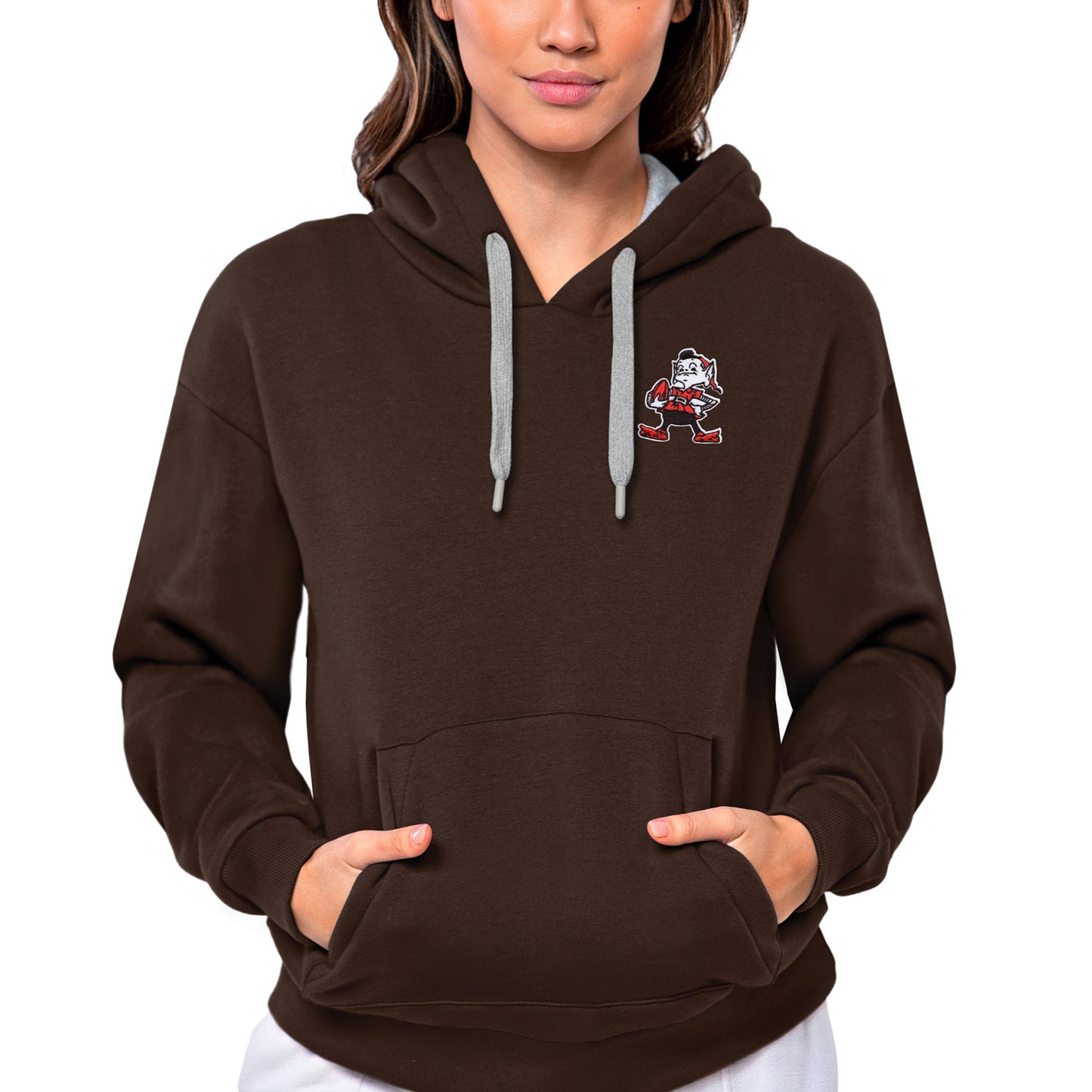 Women's Antigua Brown Cleveland Browns Brownie The Elf Historic Victory Pullover Hoodie