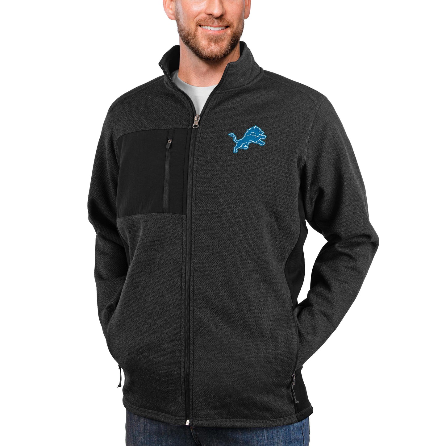 Men's Antigua Heathered Black Detroit Lions Course Full-Zip Jacket