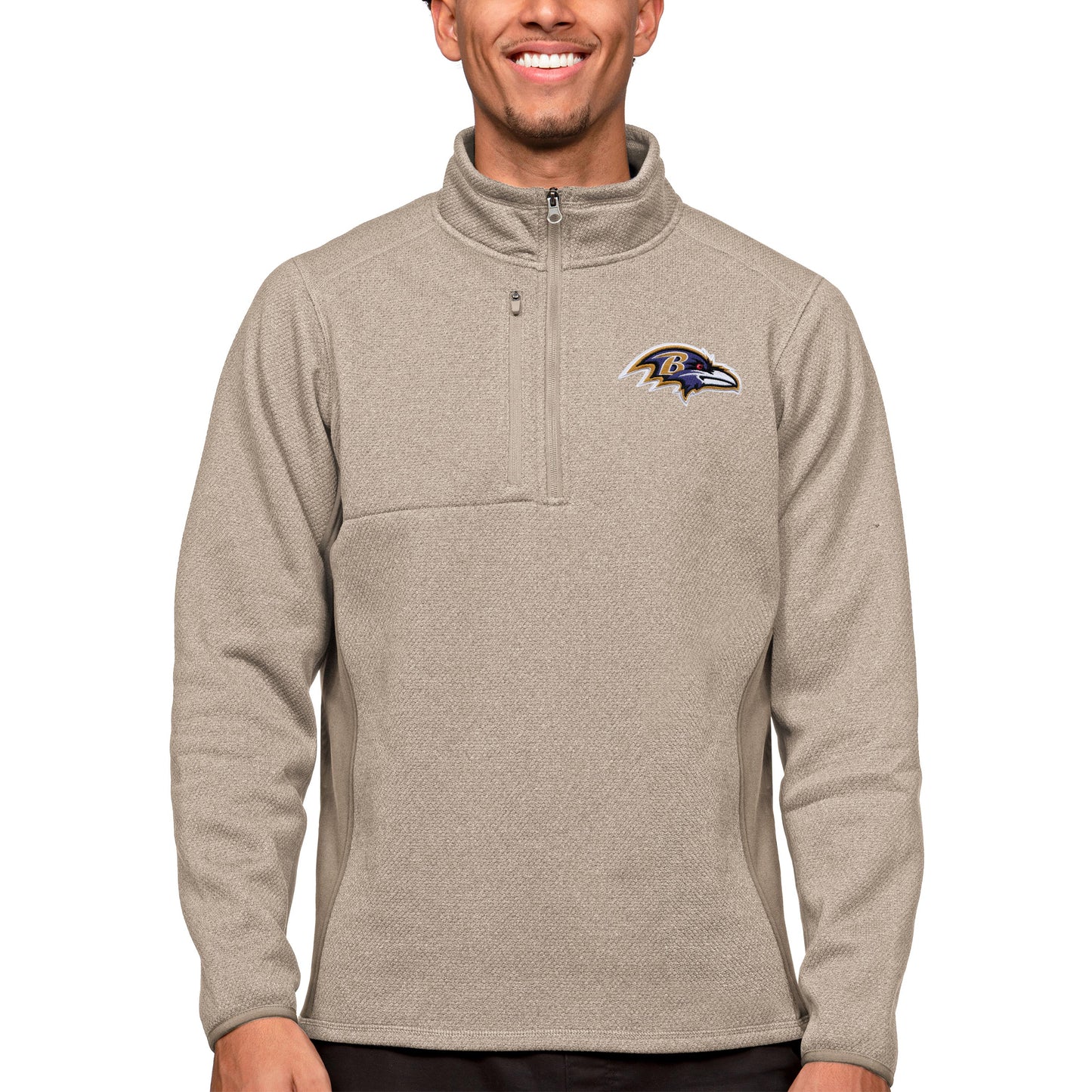 Men's Antigua Oatmeal Baltimore Ravens Course Quarter-Zip Pullover Top