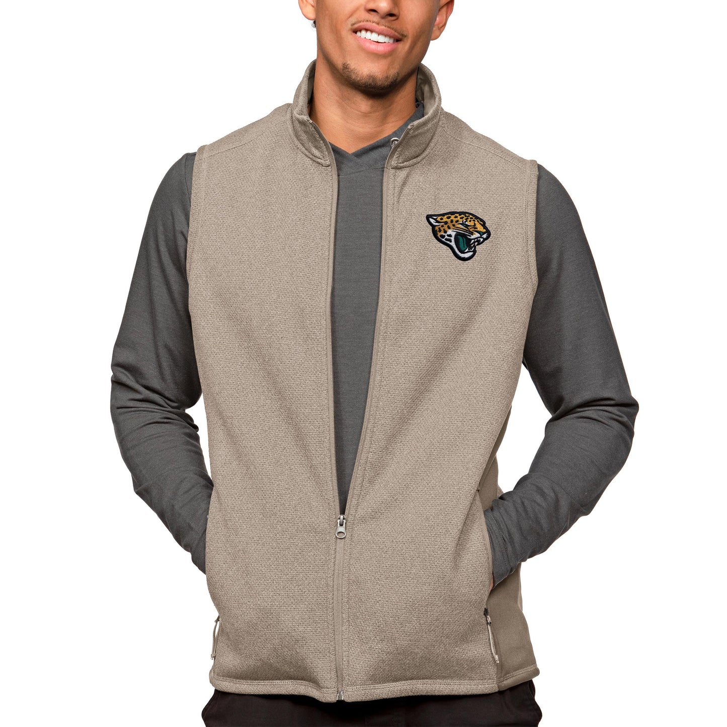 Men's Antigua Oatmeal Jacksonville Jaguars Course Full-Zip Vest