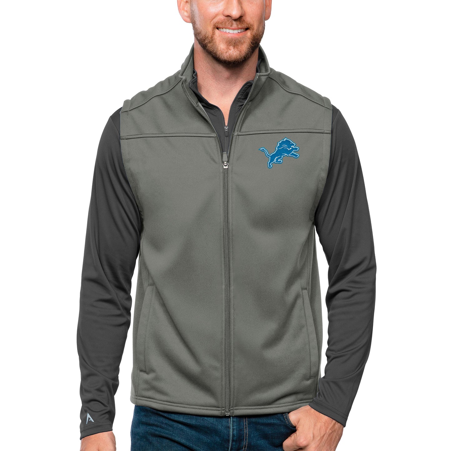 Men's Antigua Steel Detroit Lions Links Full-Zip Golf Vest