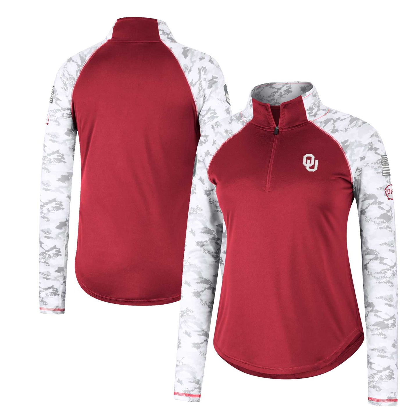 Women's Colosseum Crimson Oklahoma Sooners OHT Military Appreciation Flash Arctic Camo Raglan Quarter-Zip Jacket