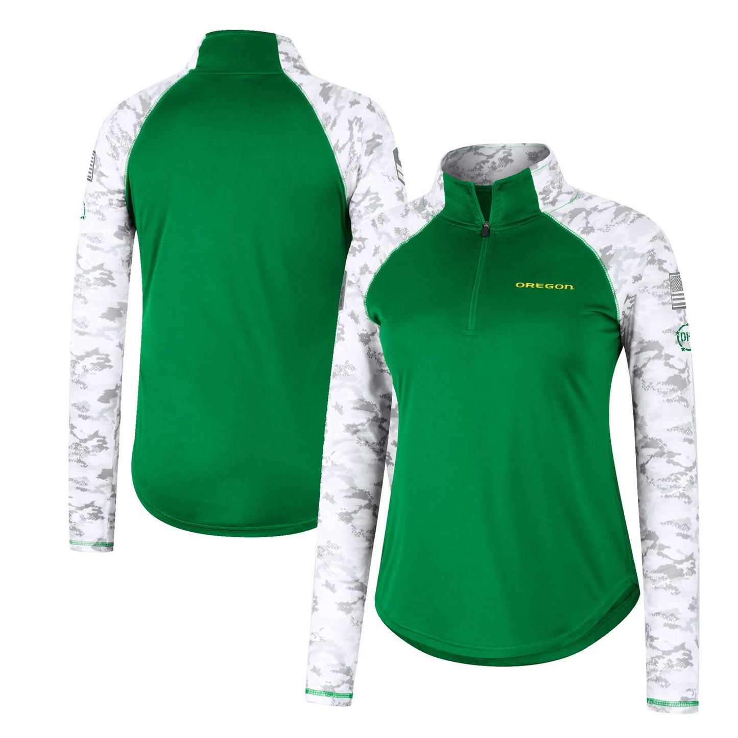 Women's Colosseum Green Oregon Ducks OHT Military Appreciation Flash Arctic Camo Raglan Quarter-Zip Jacket