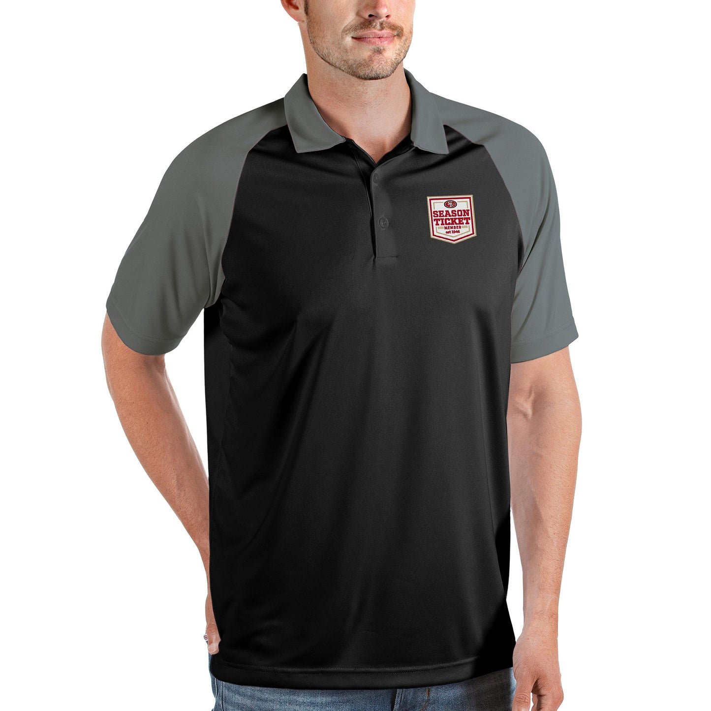 Men's Antigua Black/Steel San Francisco 49ers Season Ticket Member Nova Polo