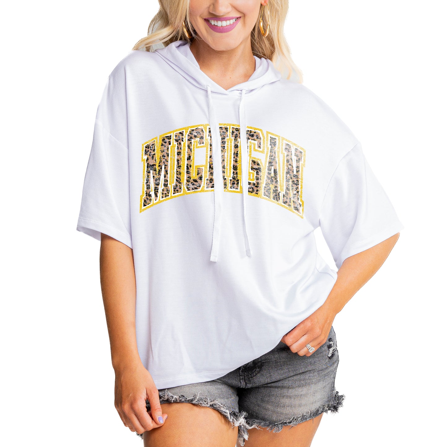 Women's Gameday Couture White Michigan Wolverines Flowy Lightweight Short Sleeve Hooded Top
