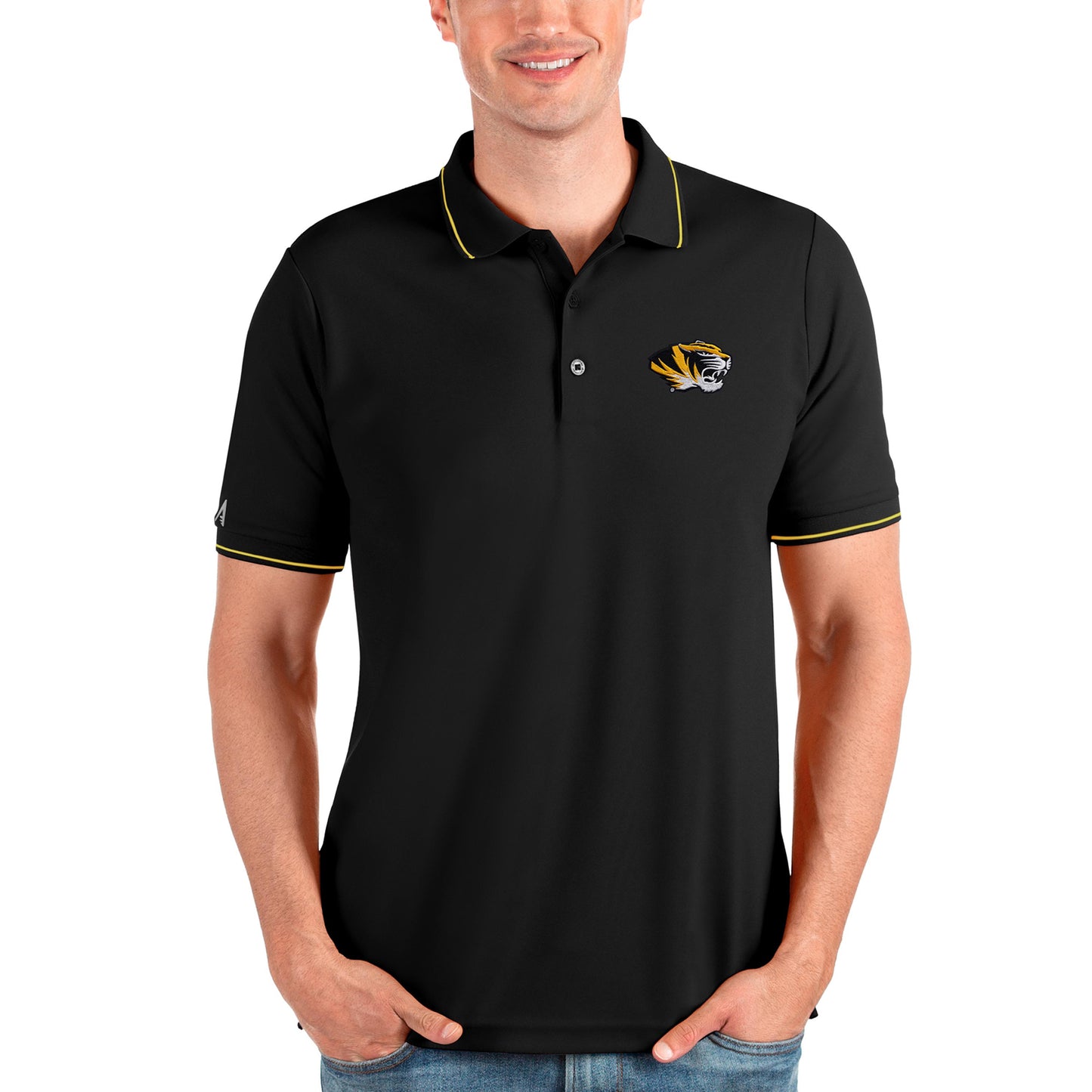 Men's Antigua Black/Gold Missouri Tigers Affluent Polo
