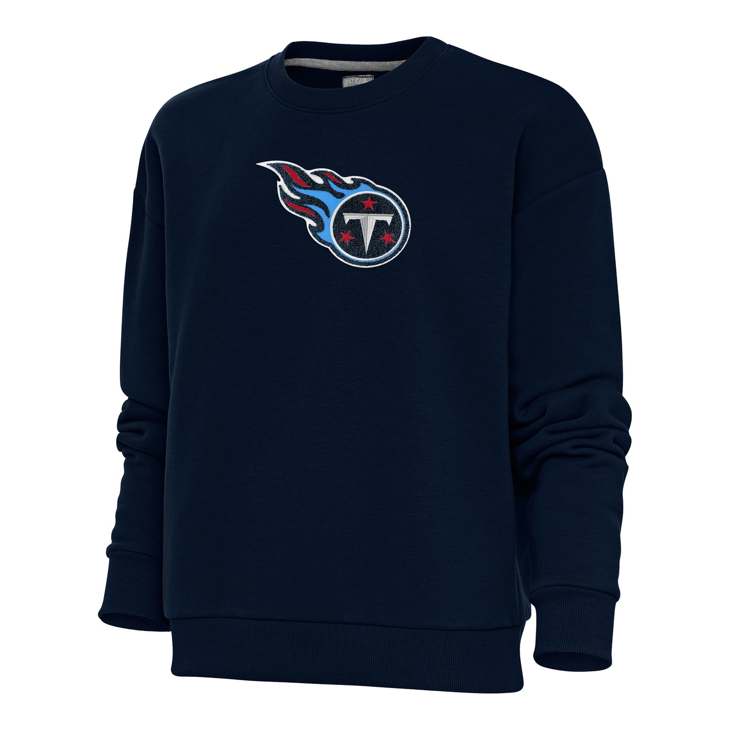 Women's Antigua Navy Tennessee Titans Victory Crewneck Chenille Pullover Sweatshirt