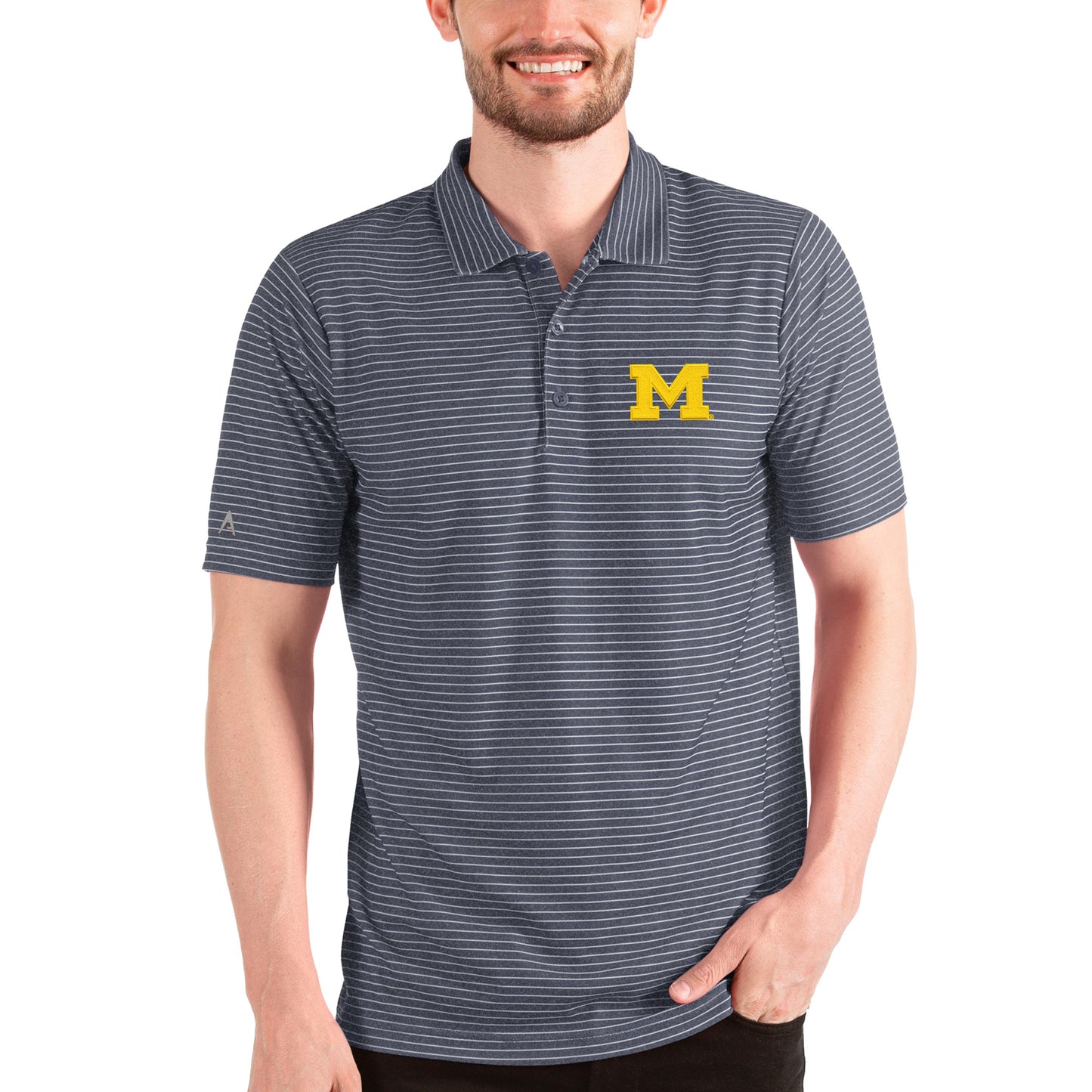 Men's Antigua Heathered Navy/White Michigan Wolverines Esteem Polo