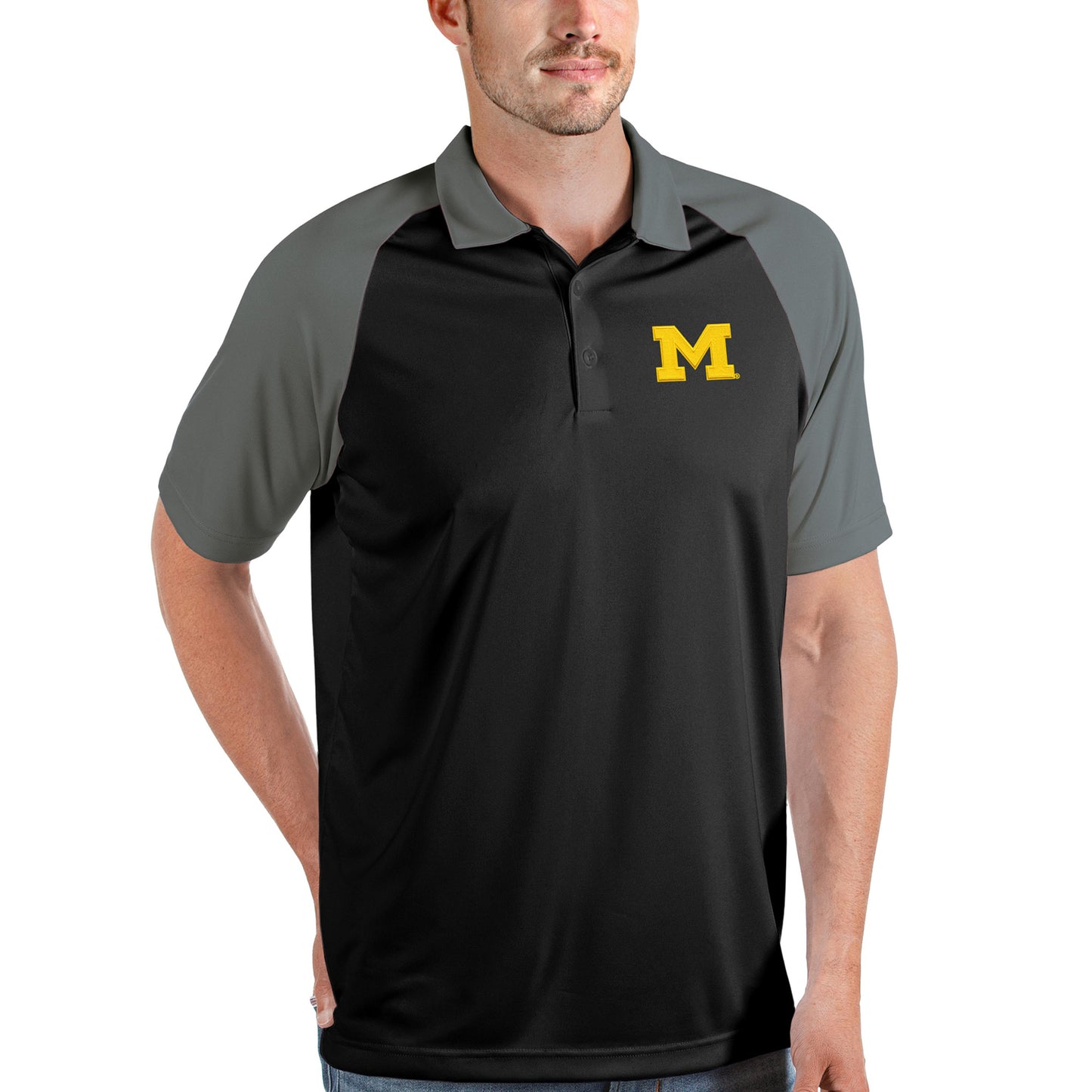 Men's Antigua Black/Steel Michigan Wolverines Nova Polo