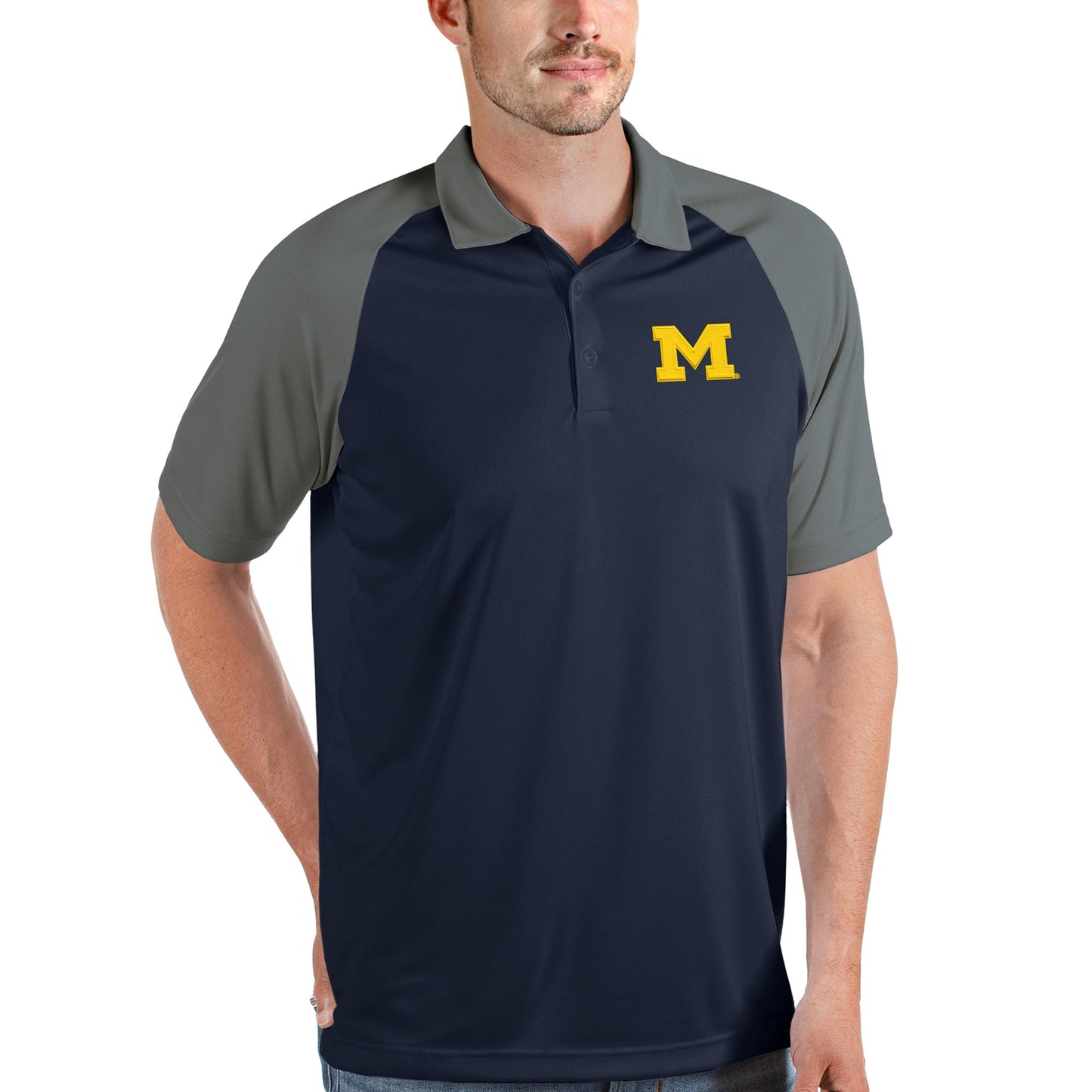 Men's Antigua Navy/Steel Michigan Wolverines Nova Polo