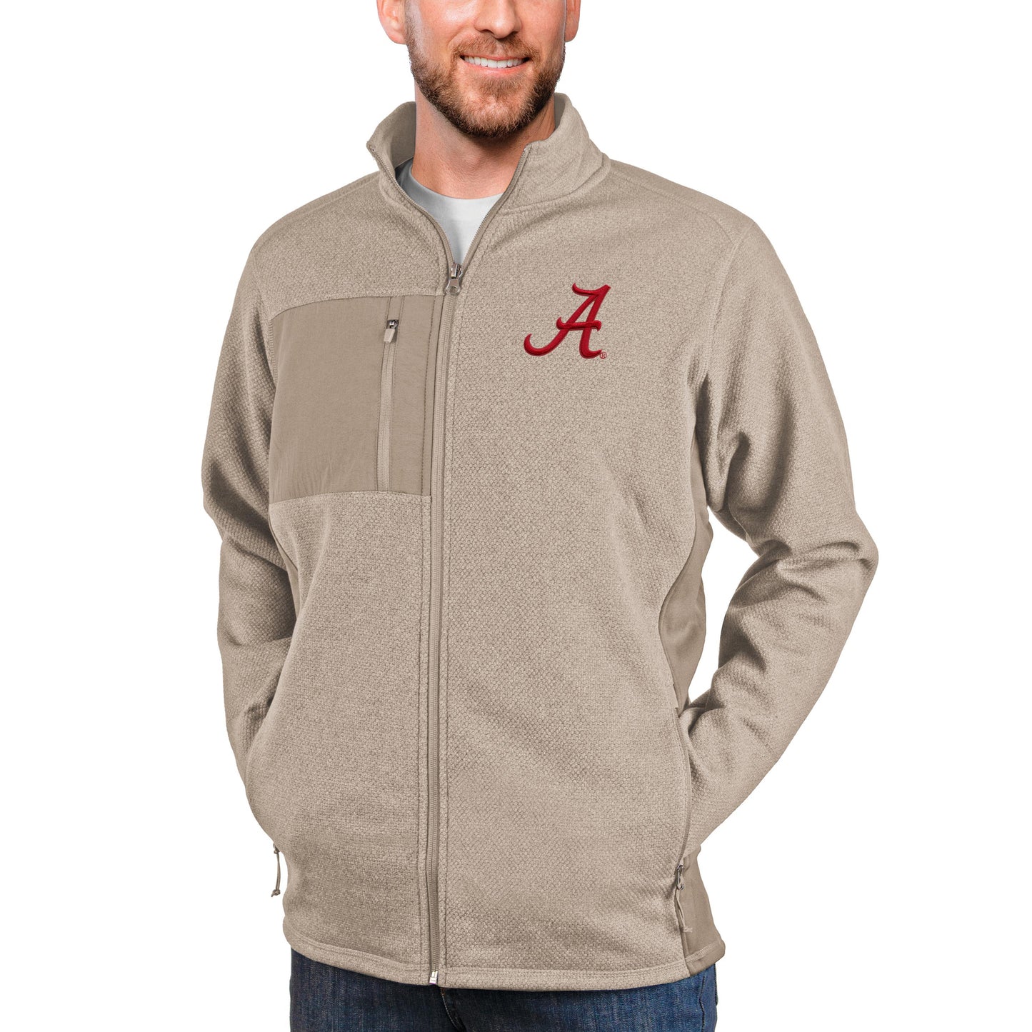 Men's Antigua Oatmeal Alabama Crimson Tide Course Full-Zip Jacket