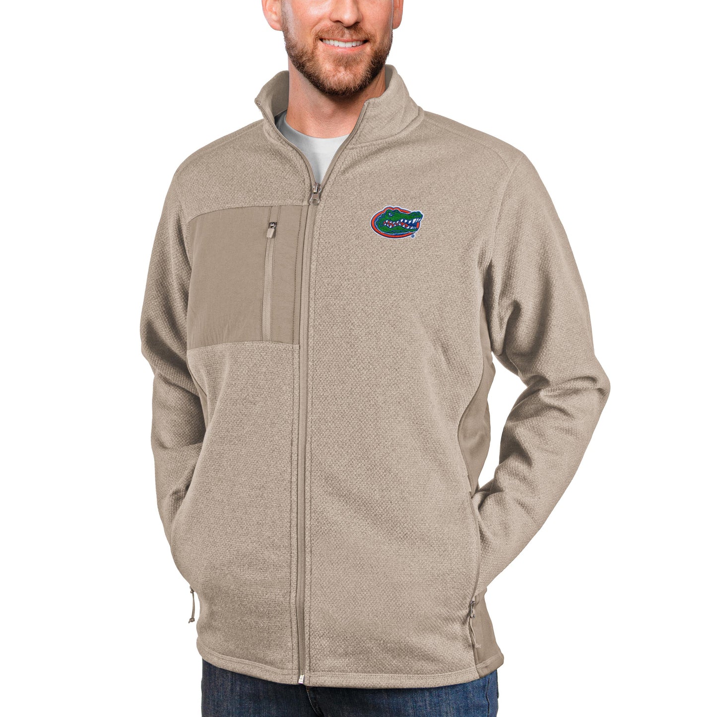Men's Antigua Oatmeal Florida Gators Course Full-Zip Jacket