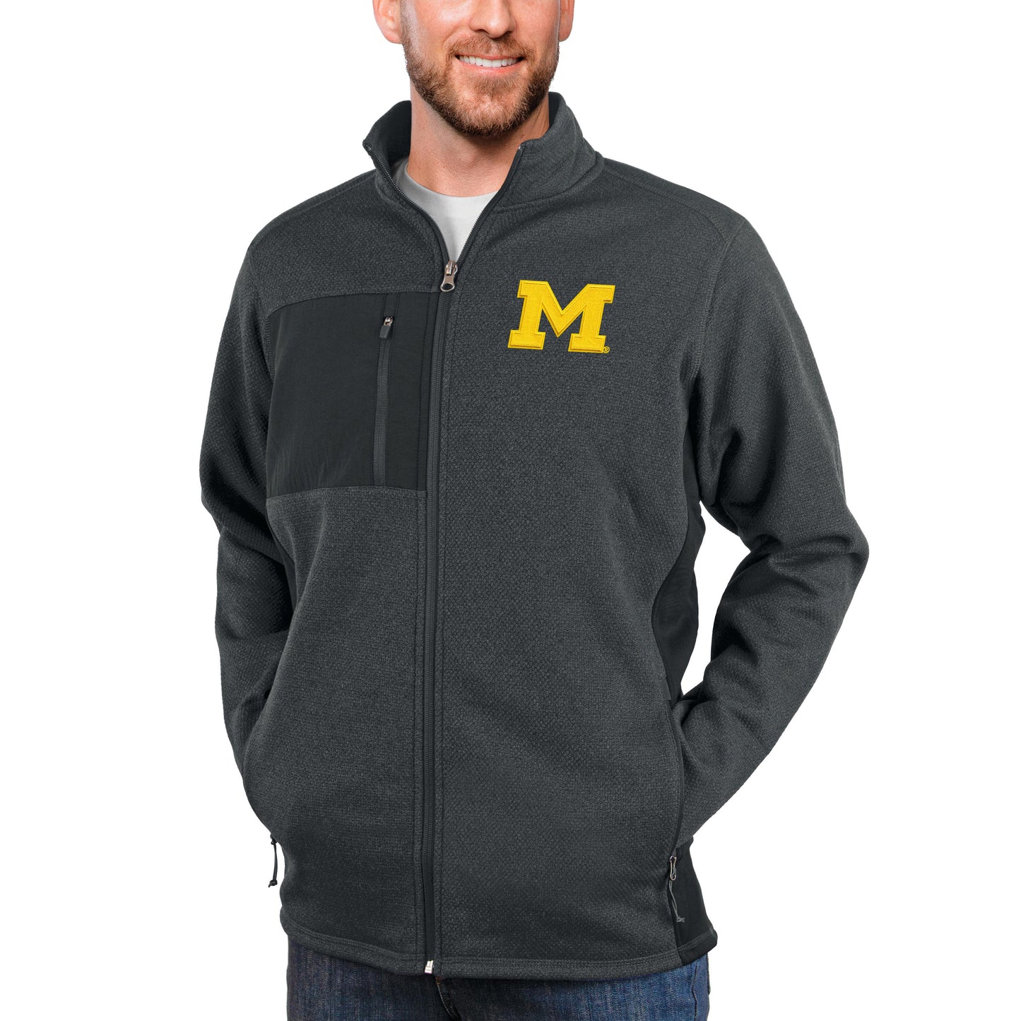Men's Antigua Heather Charcoal Michigan Wolverines Course Full-Zip Jacket