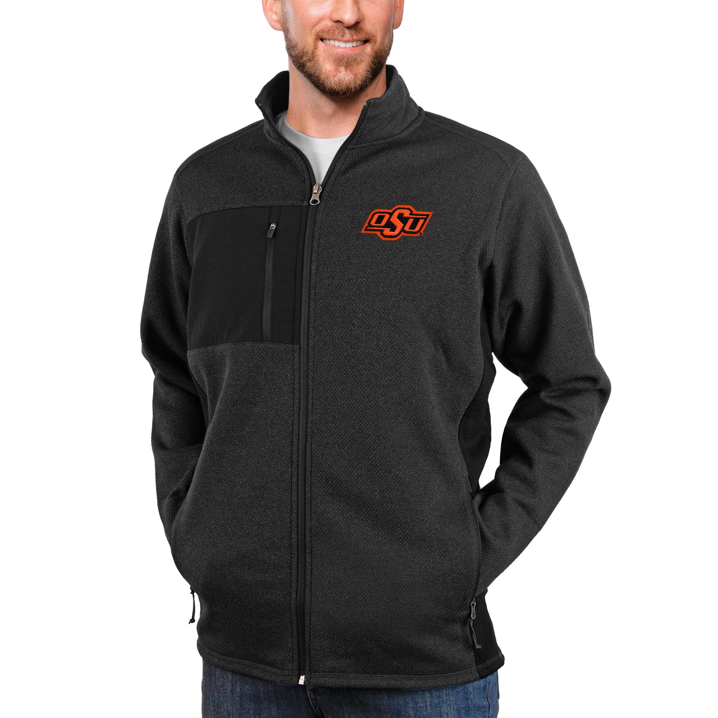 Men's Antigua Heather Black Oklahoma State Cowboys Course Full-Zip Jacket