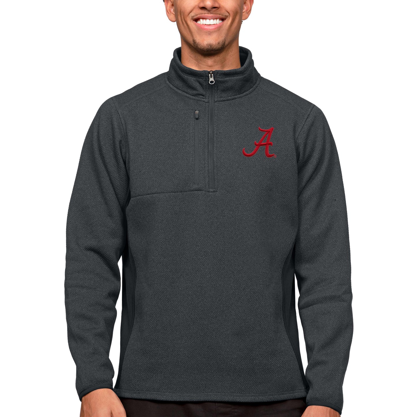 Men's Antigua Heather Charcoal Alabama Crimson Tide Course Quarter-Zip Pullover Top