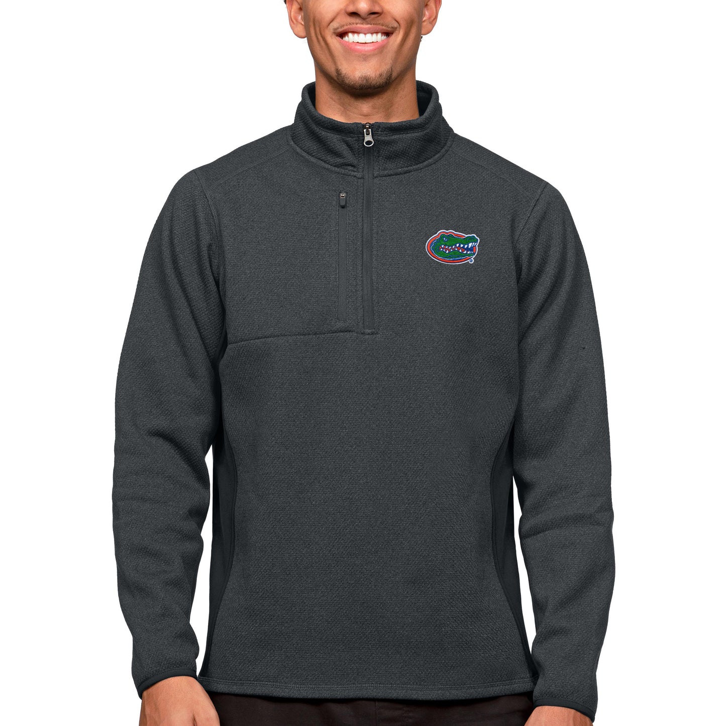 Men's Antigua Heather Charcoal Florida Gators Course Quarter-Zip Pullover Top