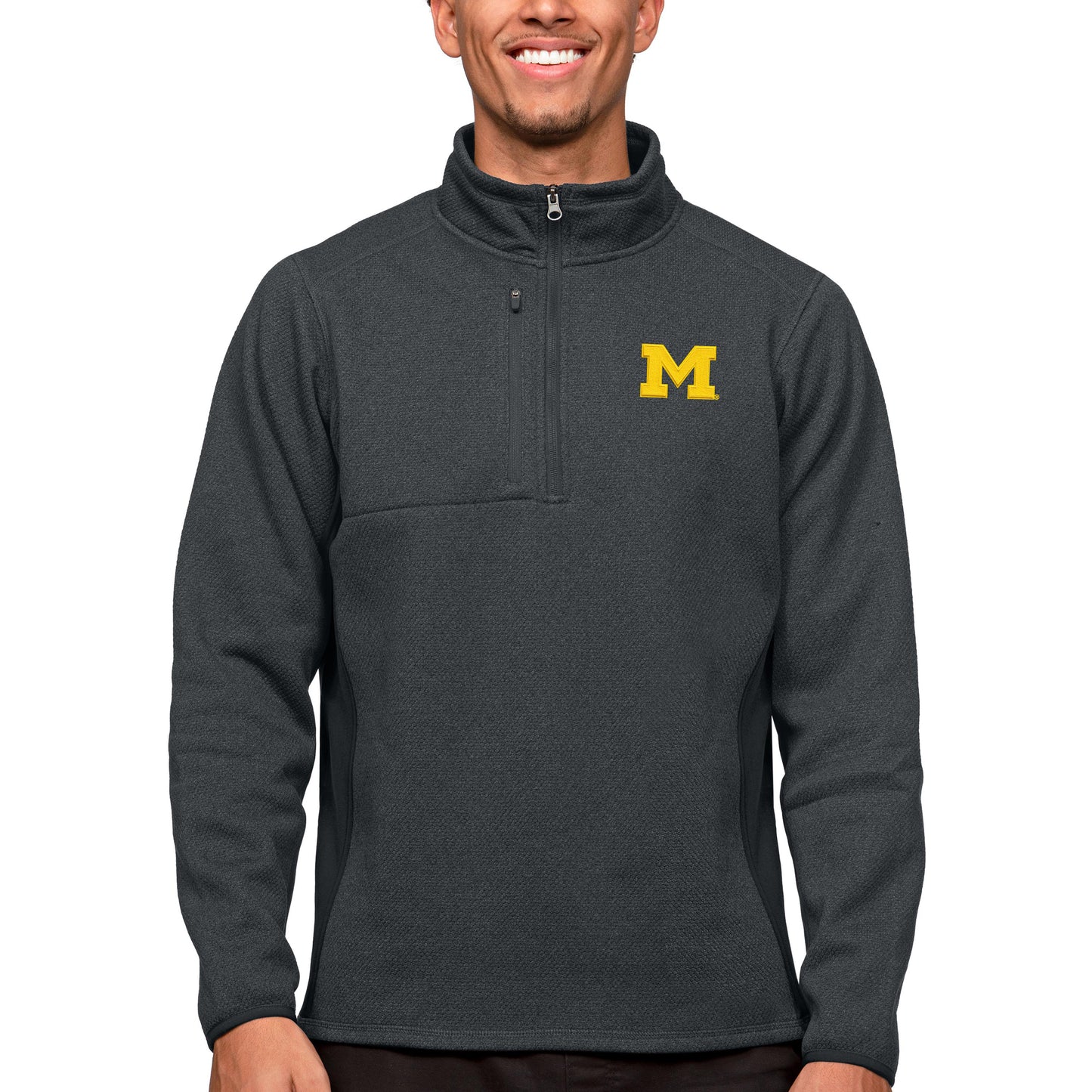 Men's Antigua Heather Charcoal Michigan Wolverines Course Quarter-Zip Pullover Top
