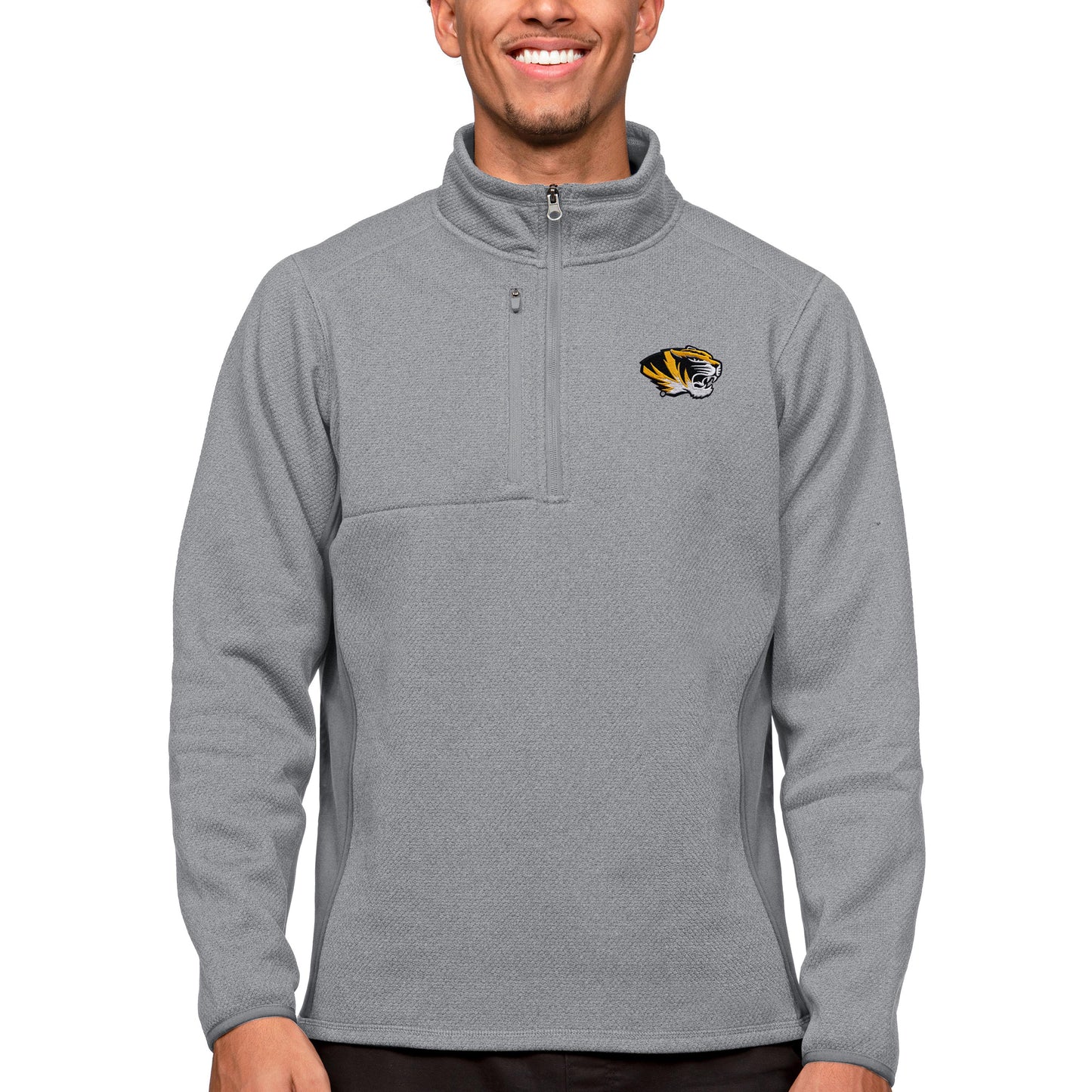 Men's Antigua Heather Gray Missouri Tigers Course Quarter-Zip Pullover Top