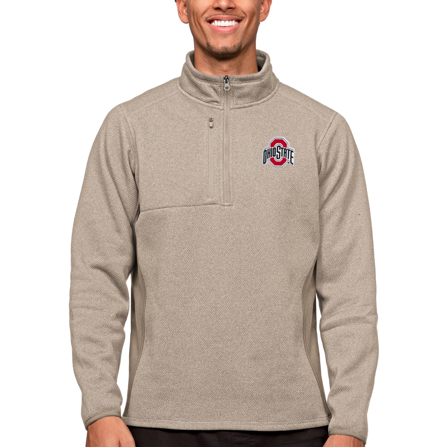 Men's Antigua Oatmeal Ohio State Buckeyes Course Quarter-Zip Pullover Top