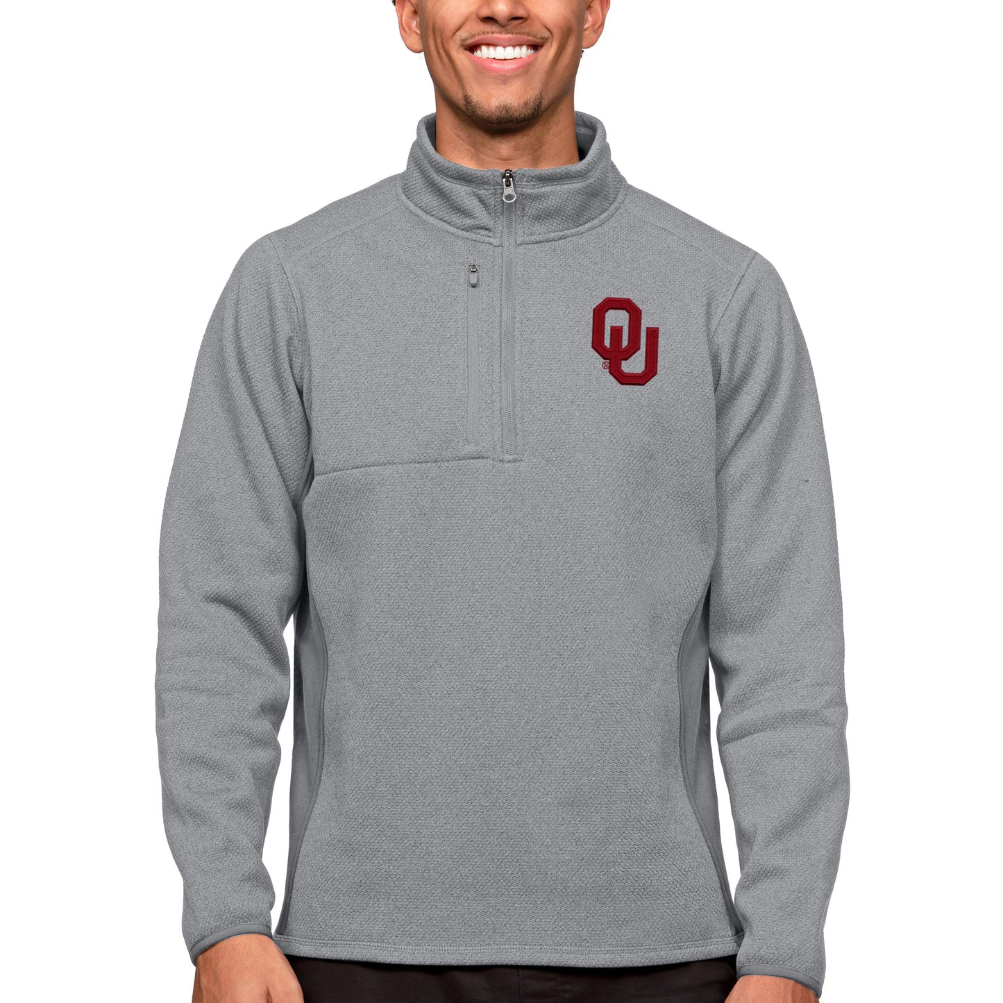 Men's Antigua Heather Gray Oklahoma Sooners Course Quarter-Zip Pullover Top