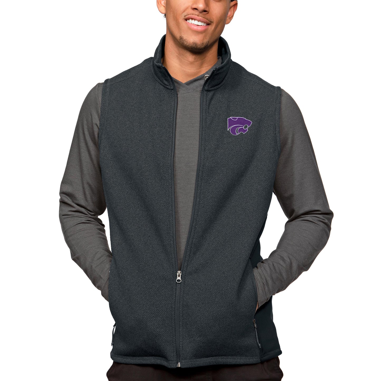 Men's Antigua Heather Charcoal Kansas State Wildcats Course Full-Zip Vest