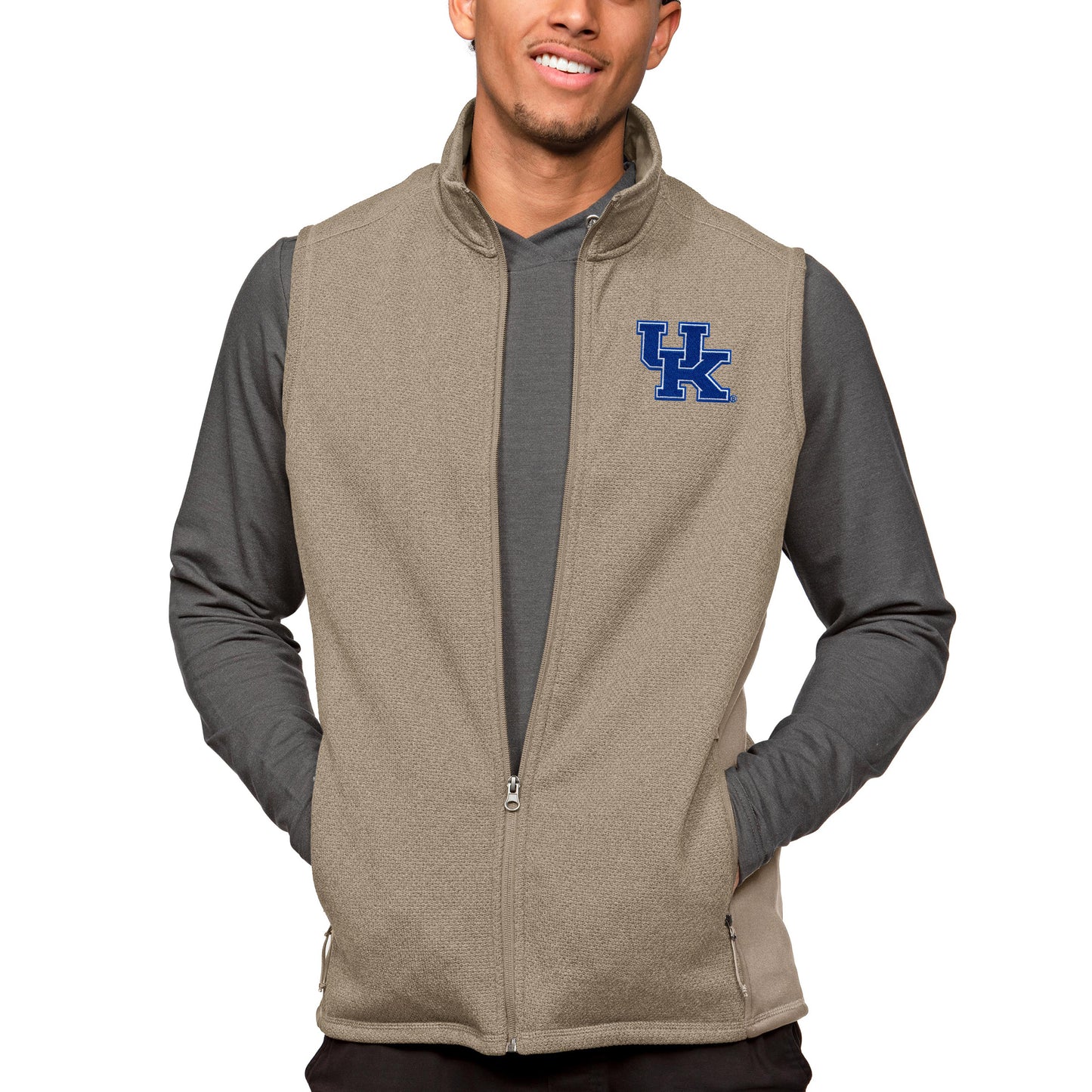 Men's Antigua Oatmeal Kentucky Wildcats Course Full-Zip Vest