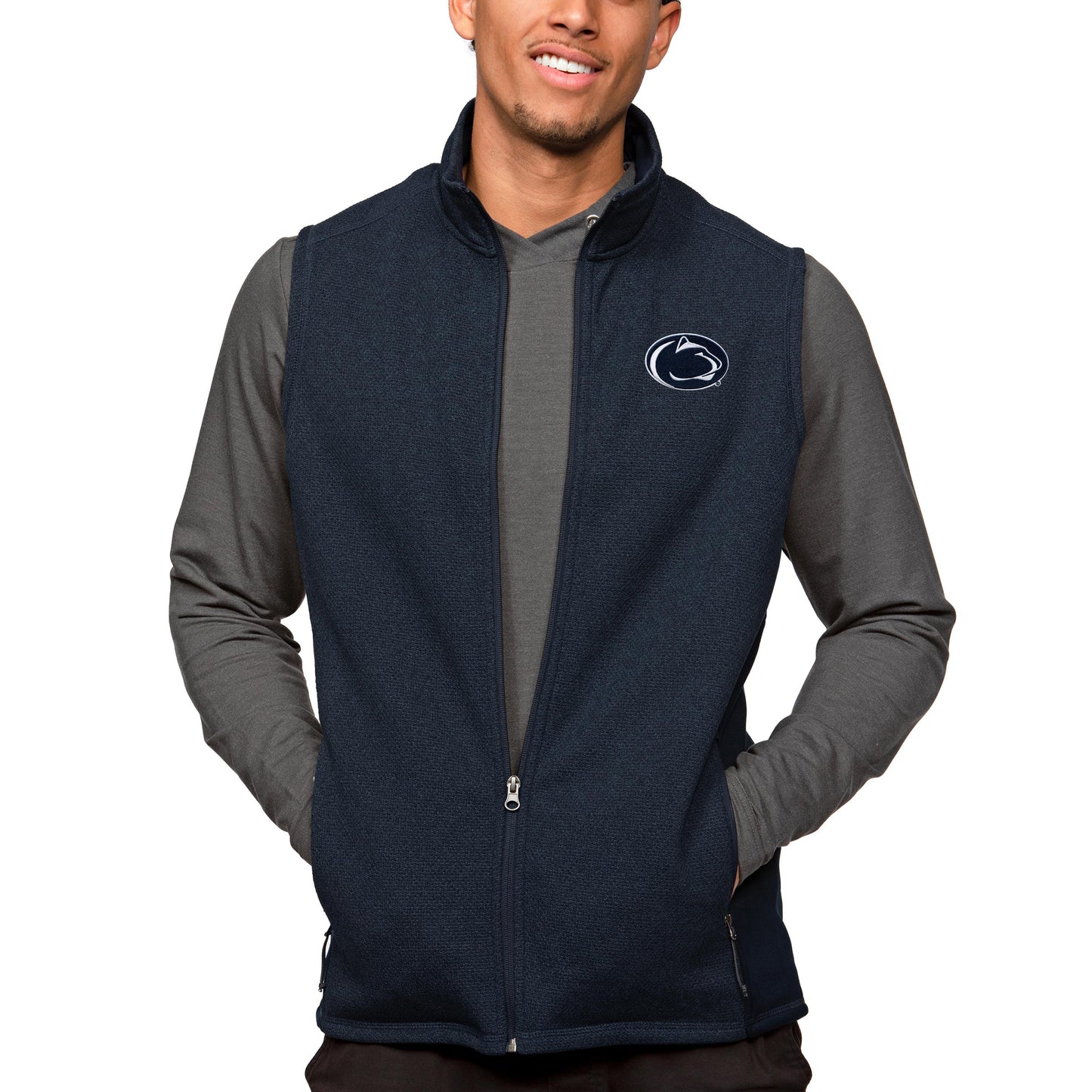 Men's Antigua Heather Navy Penn State Nittany Lions Course Full-Zip Vest