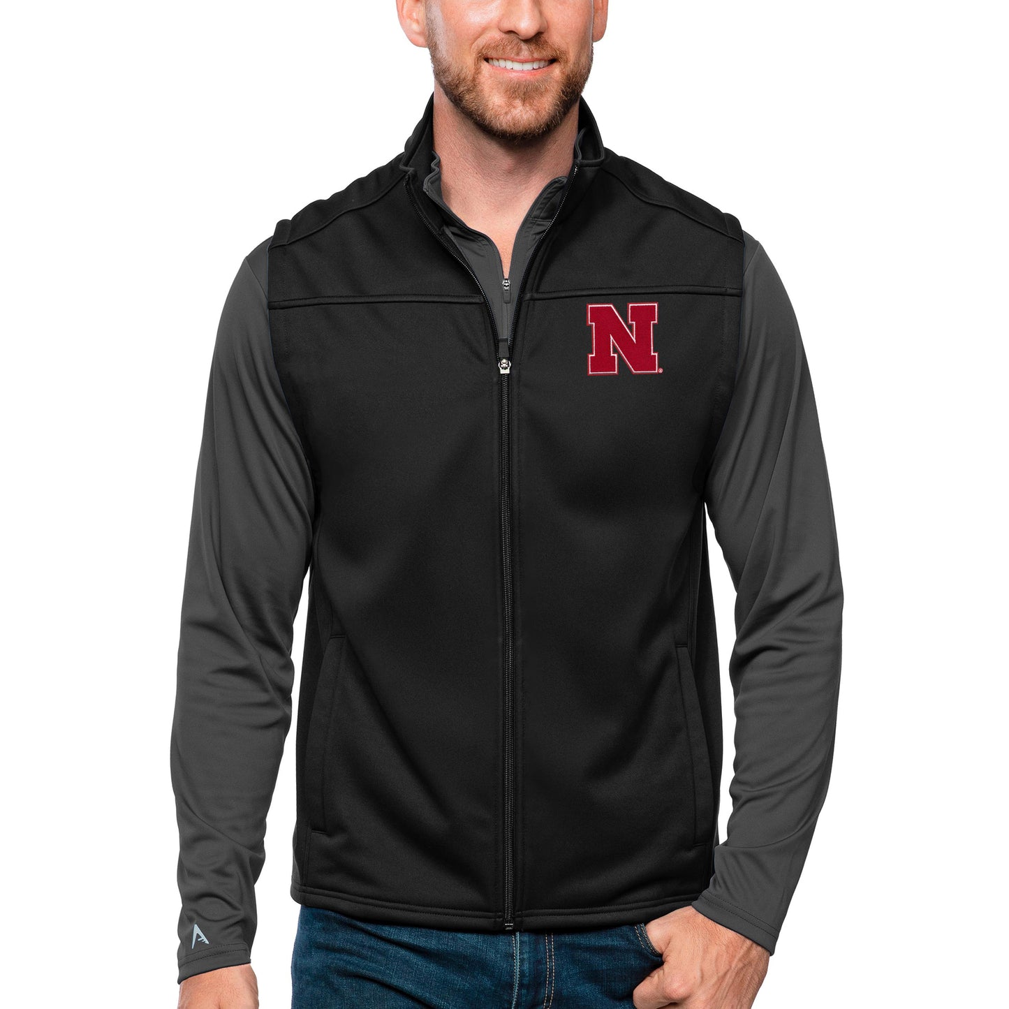Men's Antigua Black Nebraska Huskers Links Full-Zip Golf Vest
