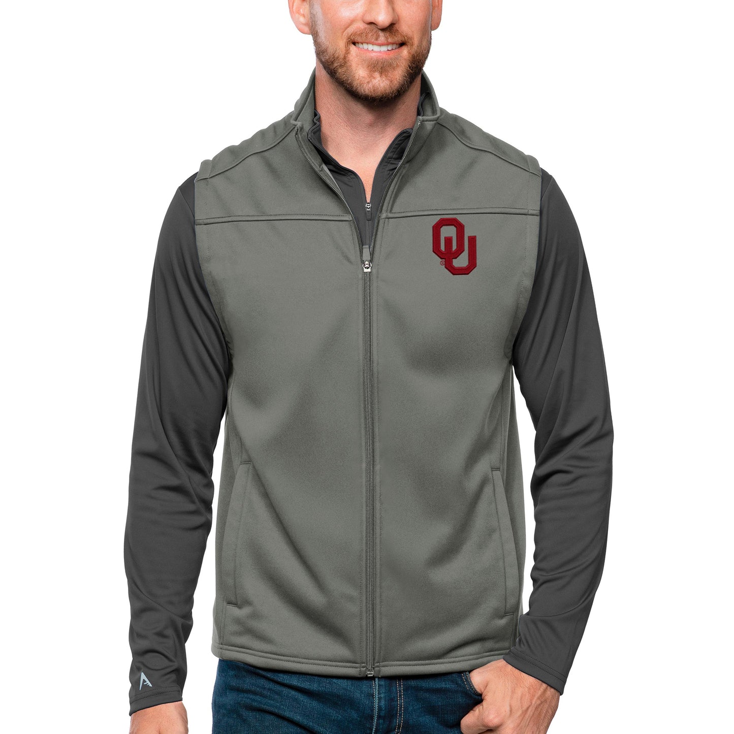 Men's Antigua Steel Oklahoma Sooners Links Full-Zip Golf Vest