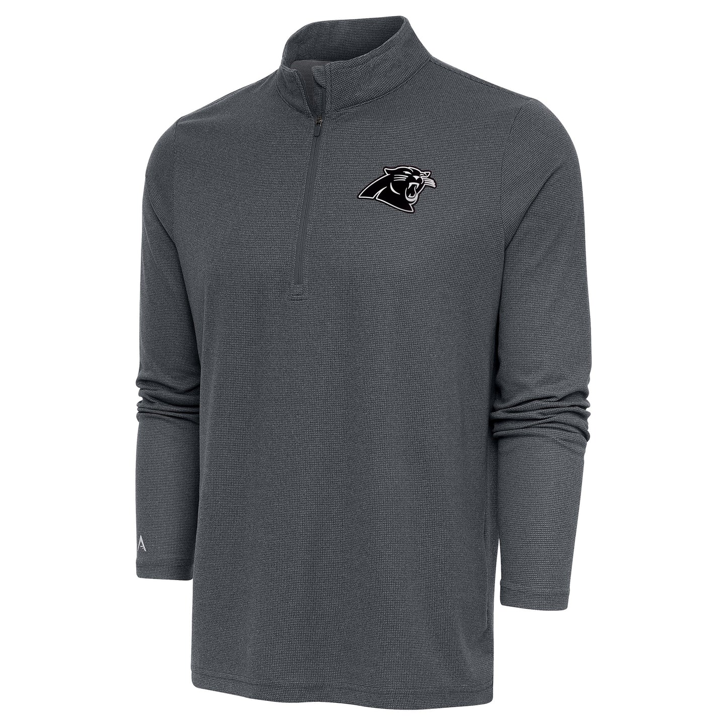 Men's Antigua Heather Charcoal Carolina Panthers Metallic Logo Epic Quarter-Zip Pullover Top