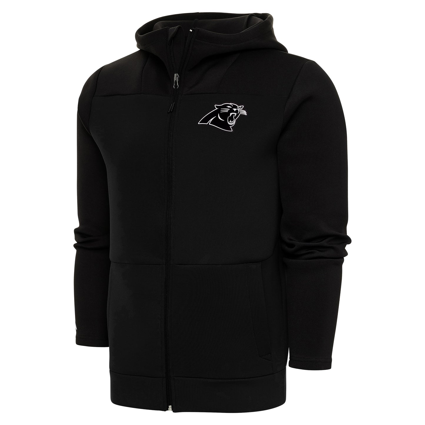 Men's Antigua Black Carolina Panthers Metallic Logo Protect Full-Zip Hoodie