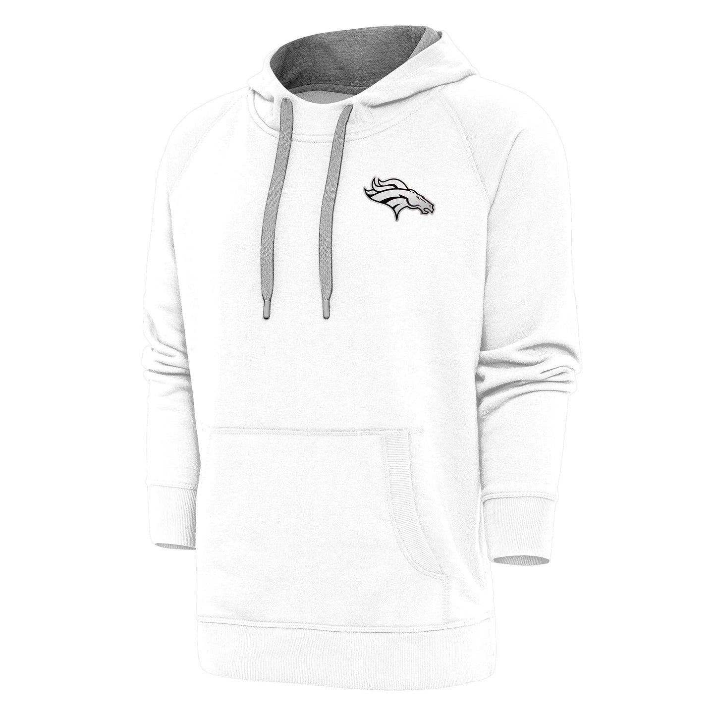 Men's Antigua White Denver Broncos Metallic Logo Victory Pullover Hoodie