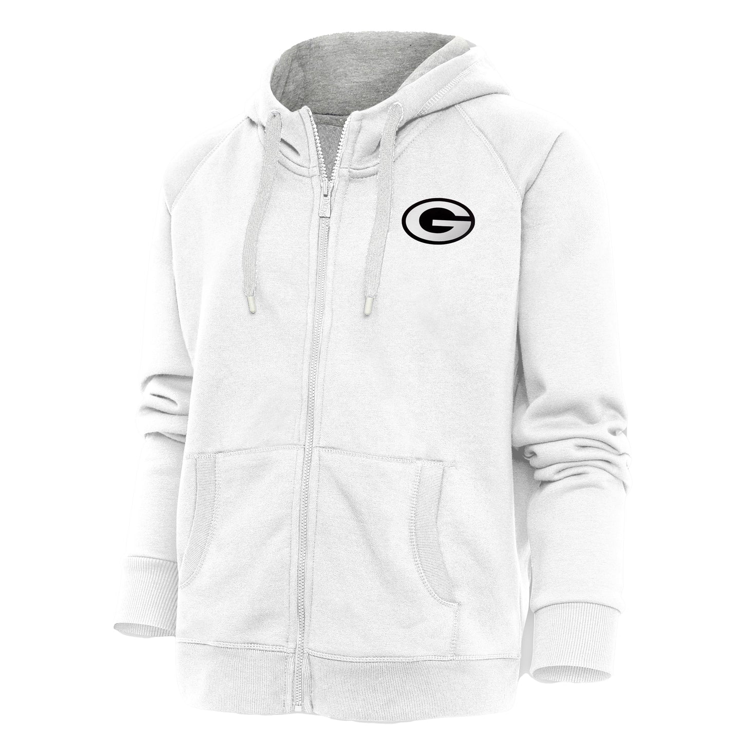 Women's Antigua White Green Bay Packers Metallic Logo Victory Full-Zip Hoodie