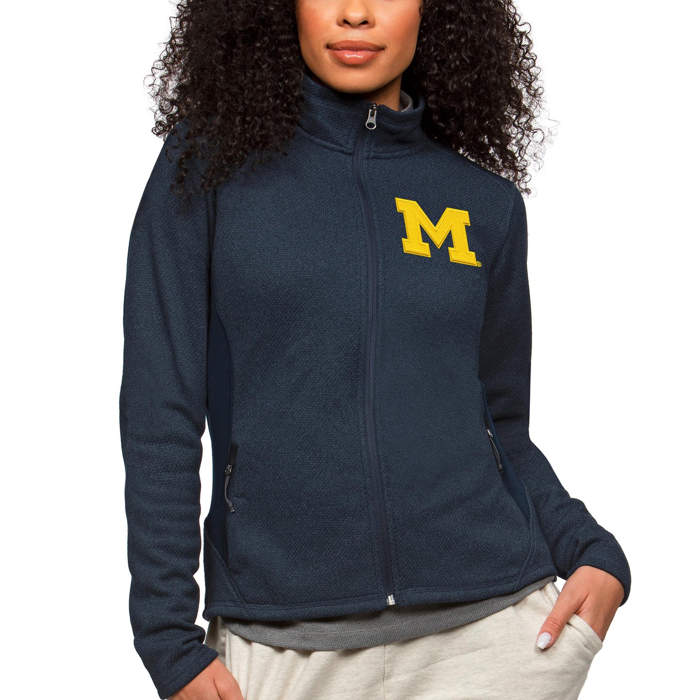 Women's Antigua Heather Navy Michigan Wolverines Course Full-Zip Jacket