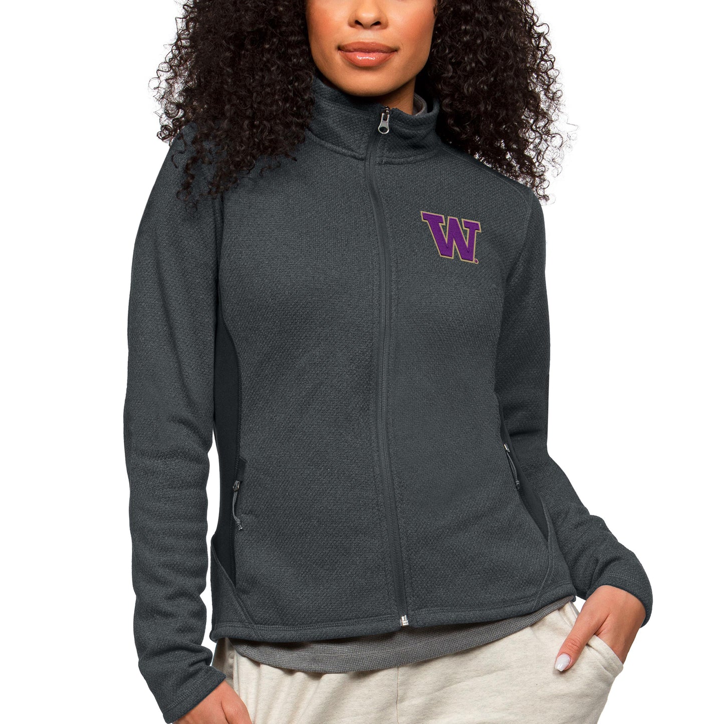 Women's Antigua Heather Charcoal Washington Huskies Course Full-Zip Jacket