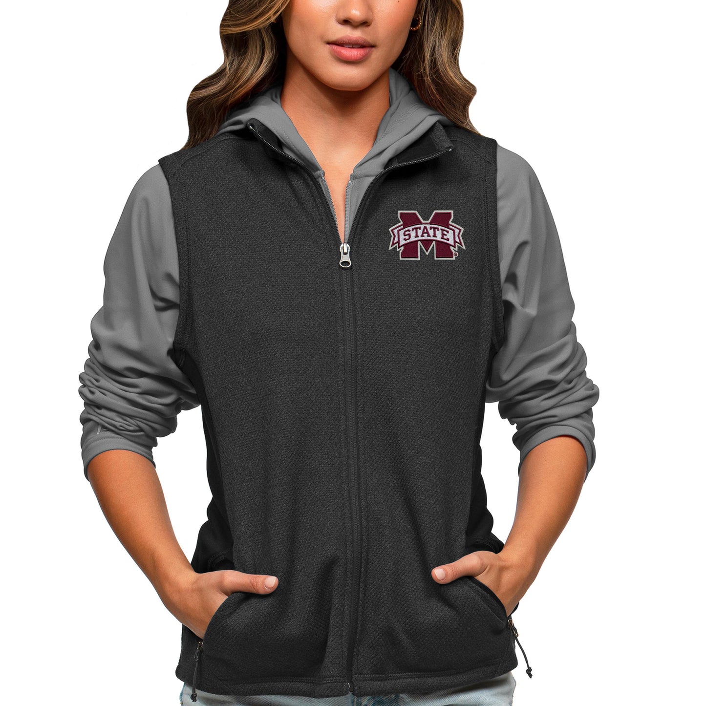 Women's Antigua Heather Black Mississippi State Bulldogs Course Full-Zip Vest