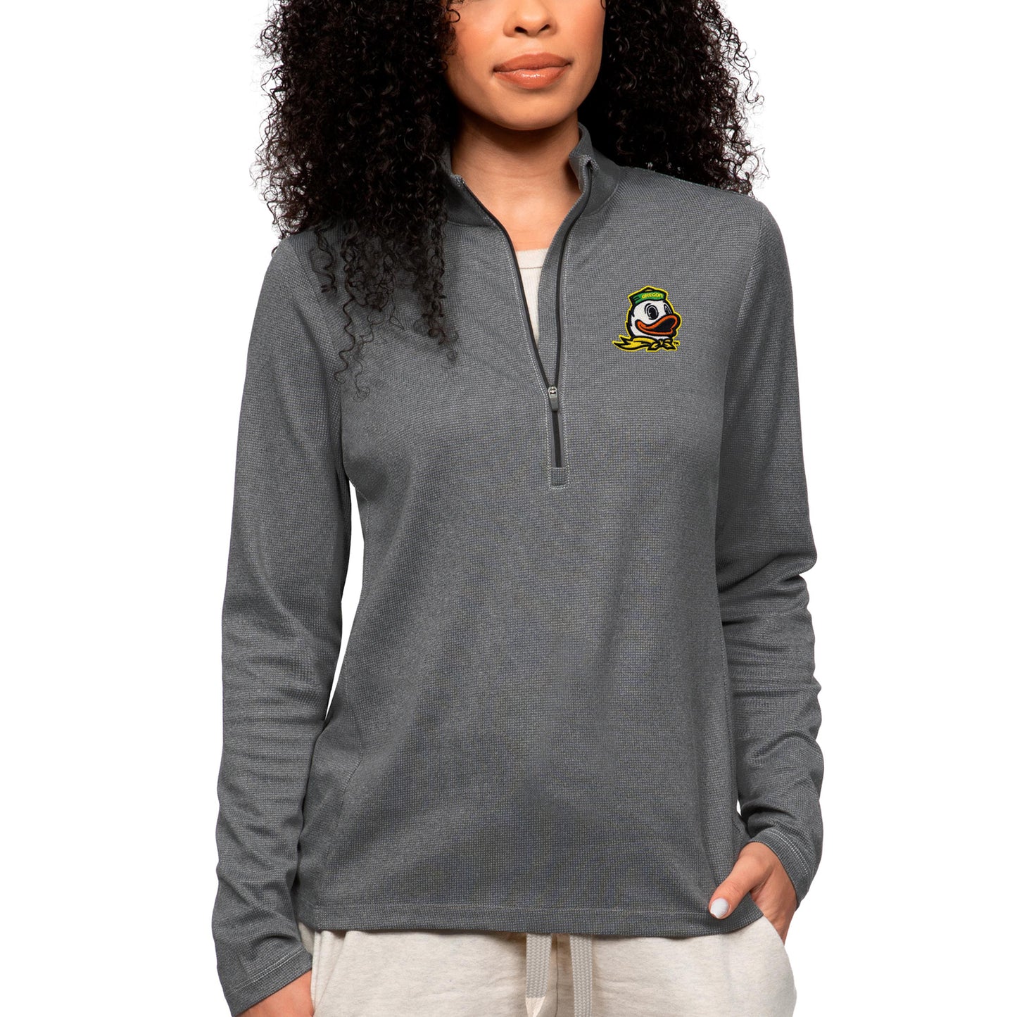 Women's Antigua Heather Charcoal Oregon Ducks Epic Quarter-Zip Pullover Top