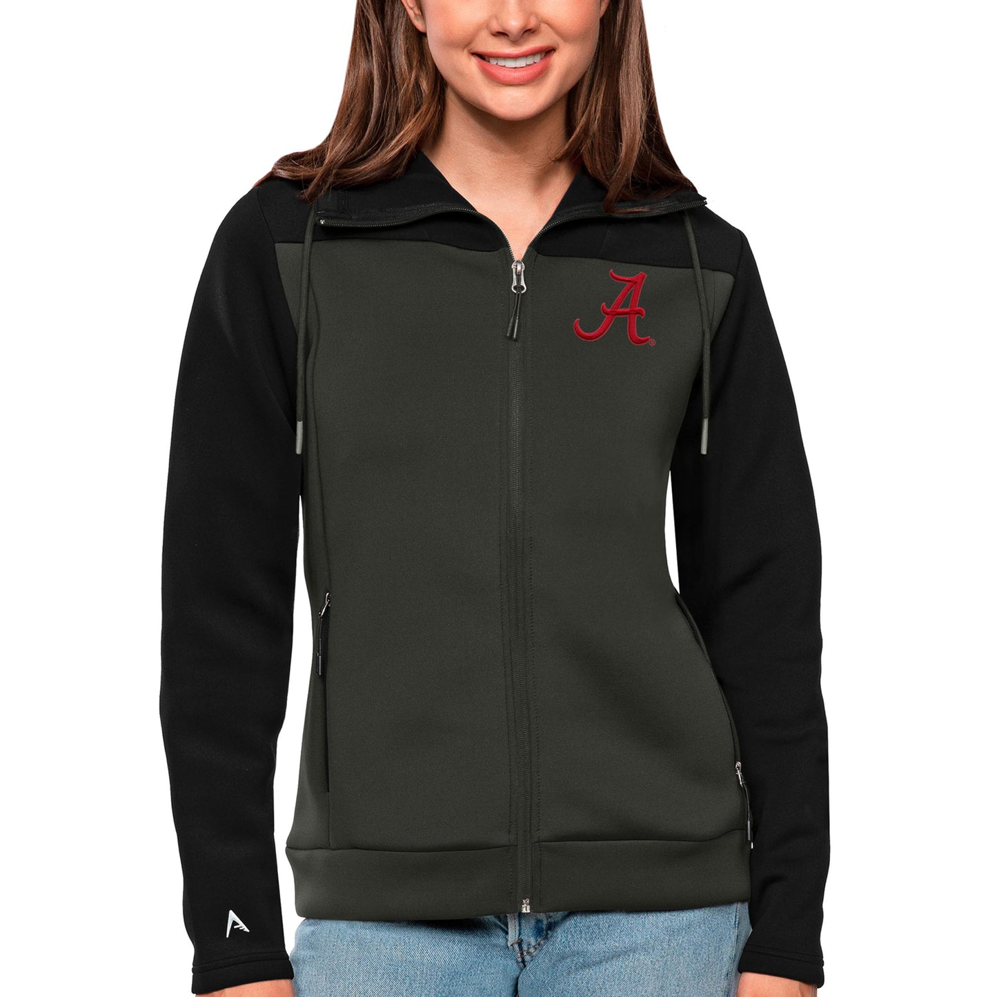 Women's Antigua Black/Charcoal Alabama Crimson Tide Protect Full-Zip Jacket