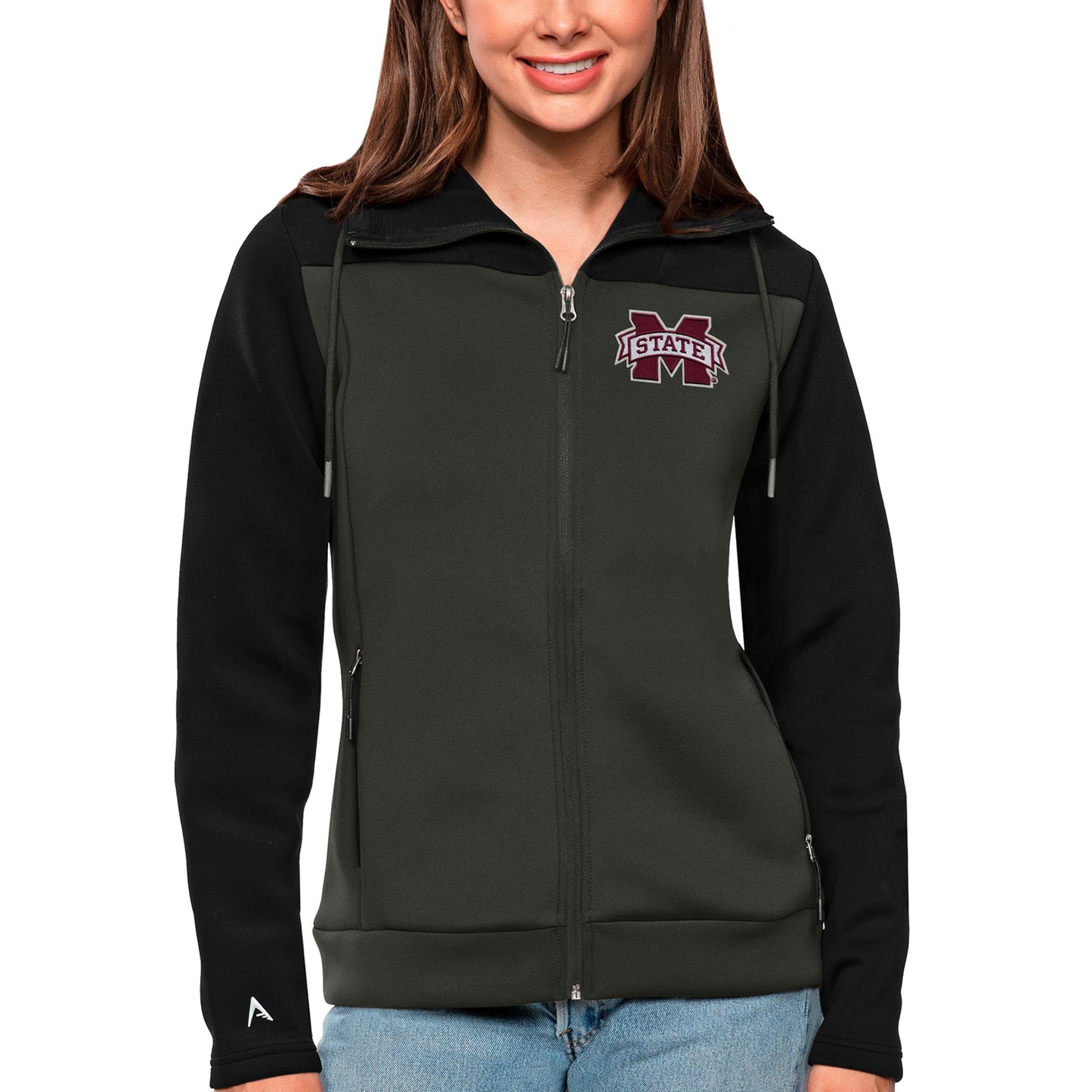 Women's Antigua Black/Charcoal Mississippi State Bulldogs Protect Full-Zip Jacket