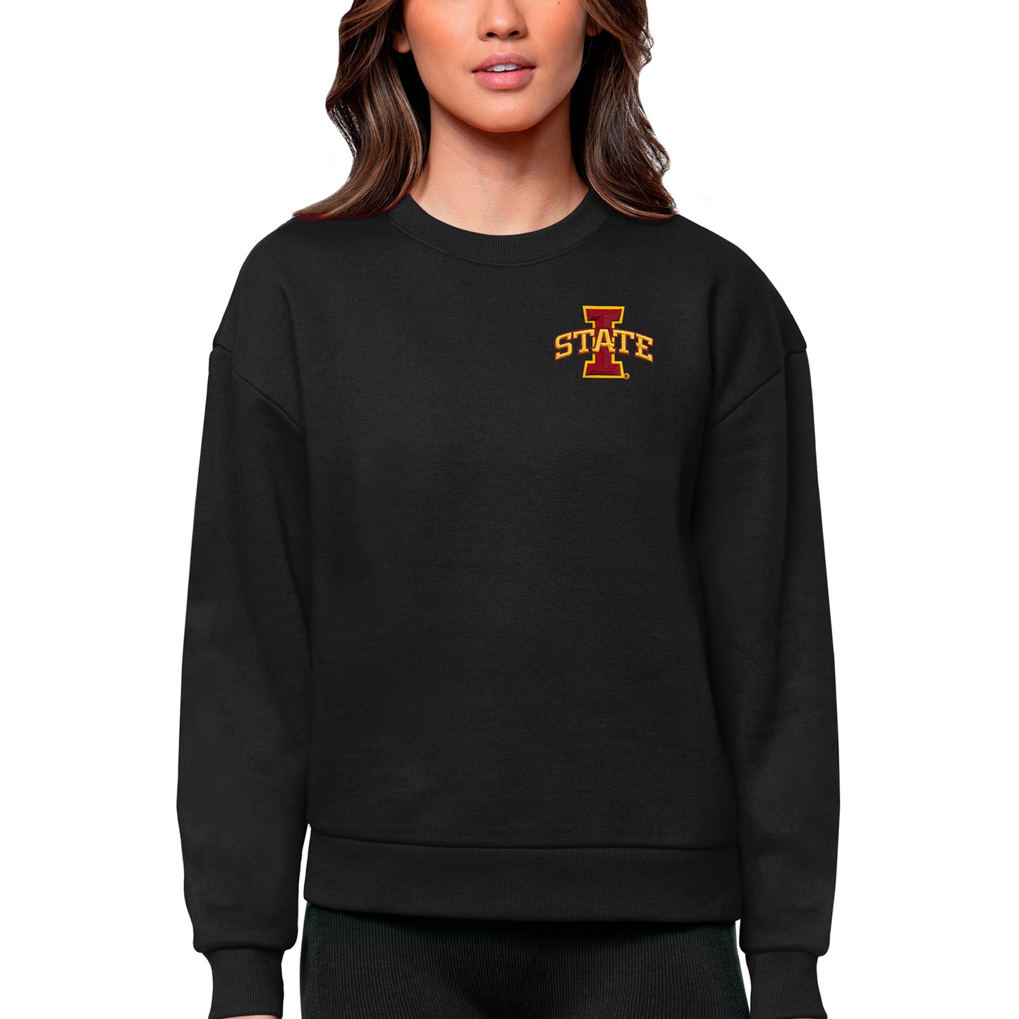 Women's Antigua Black Iowa State Cyclones Logo Victory Crewneck Pullover Sweatshirt