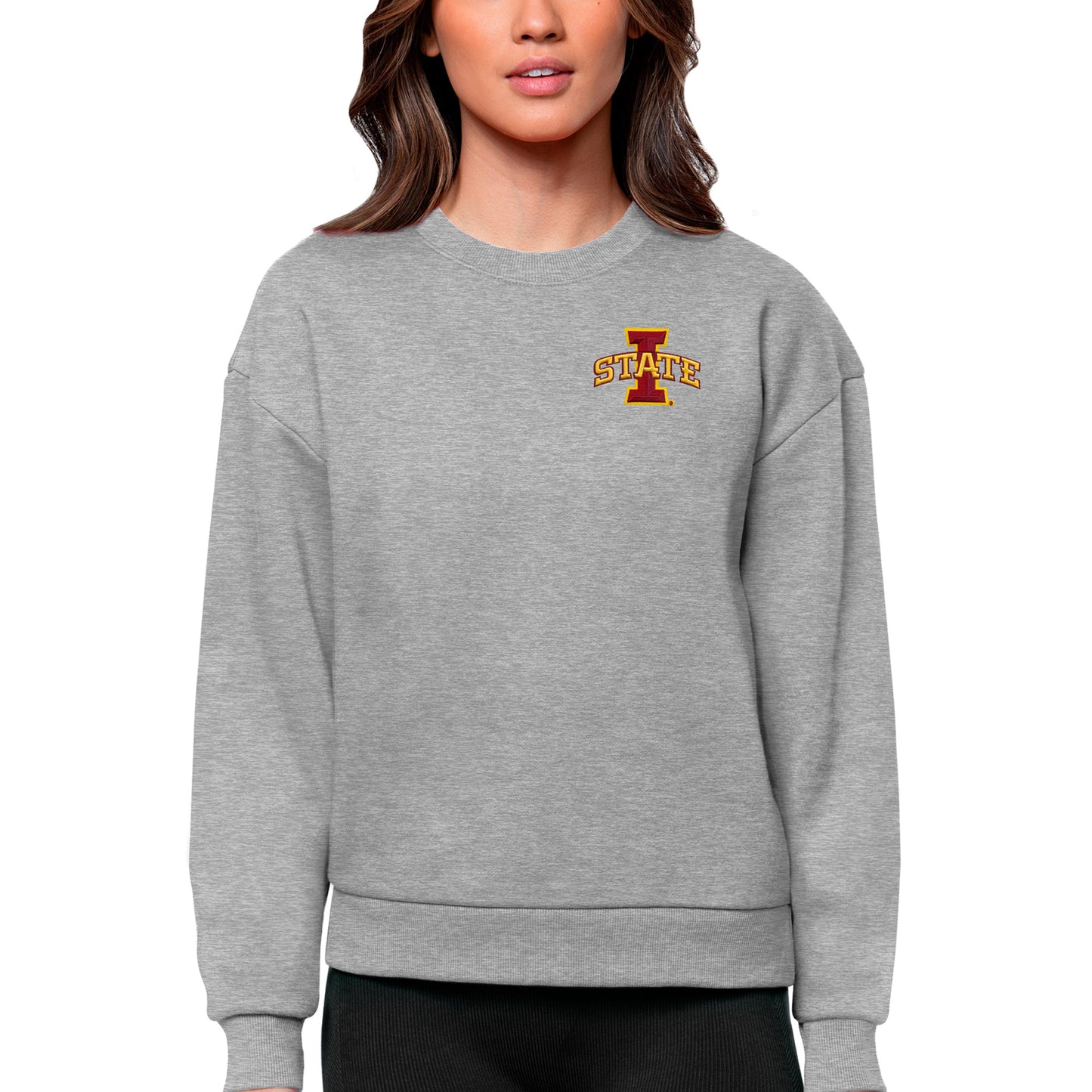 Women's Antigua Heather Gray Iowa State Cyclones Logo Victory Crewneck Pullover Sweatshirt