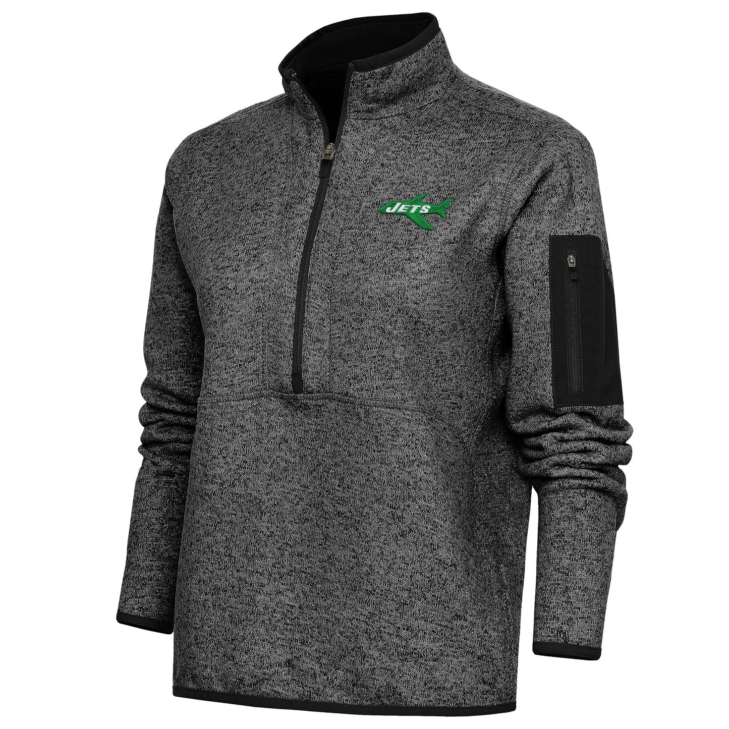 Women's Antigua Heather Black New York Jets Throwback Logo Fortune Half-Zip Pullover Jacket