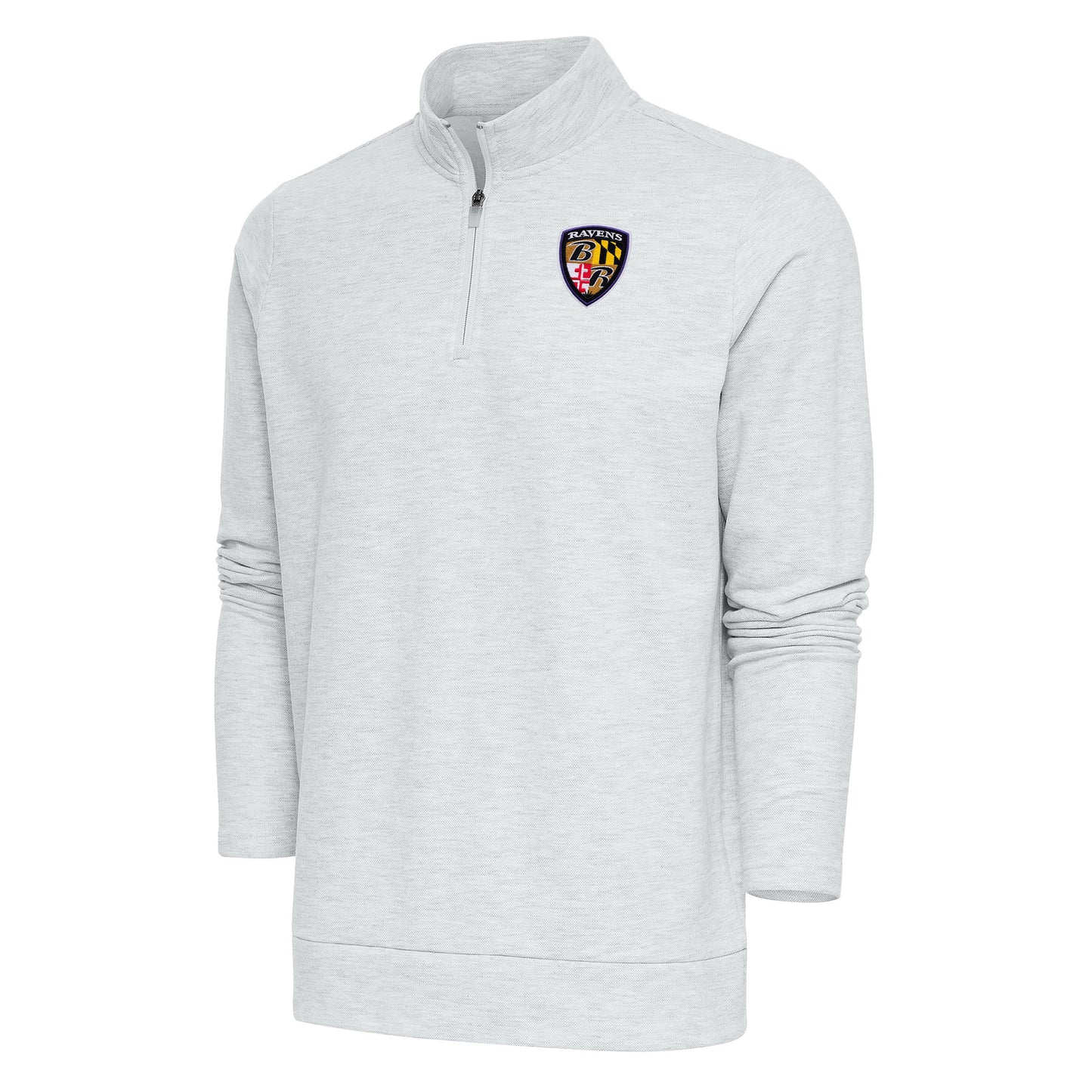 Men's Antigua Heather Gray Baltimore Ravens Team Logo Throwback Gambit Quarter-Zip Pullover Top