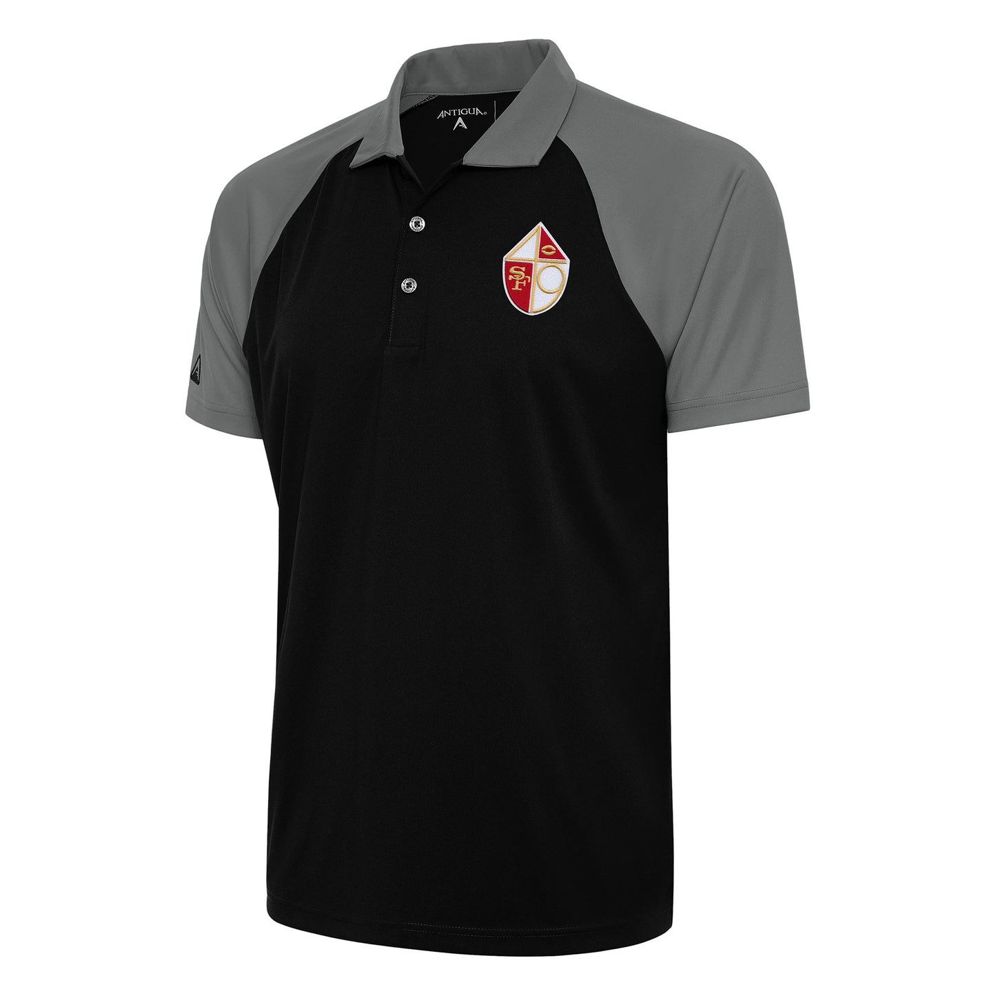 Men's Antigua Black/Steel San Francisco 49ers Team Logo Throwback Nova Polo