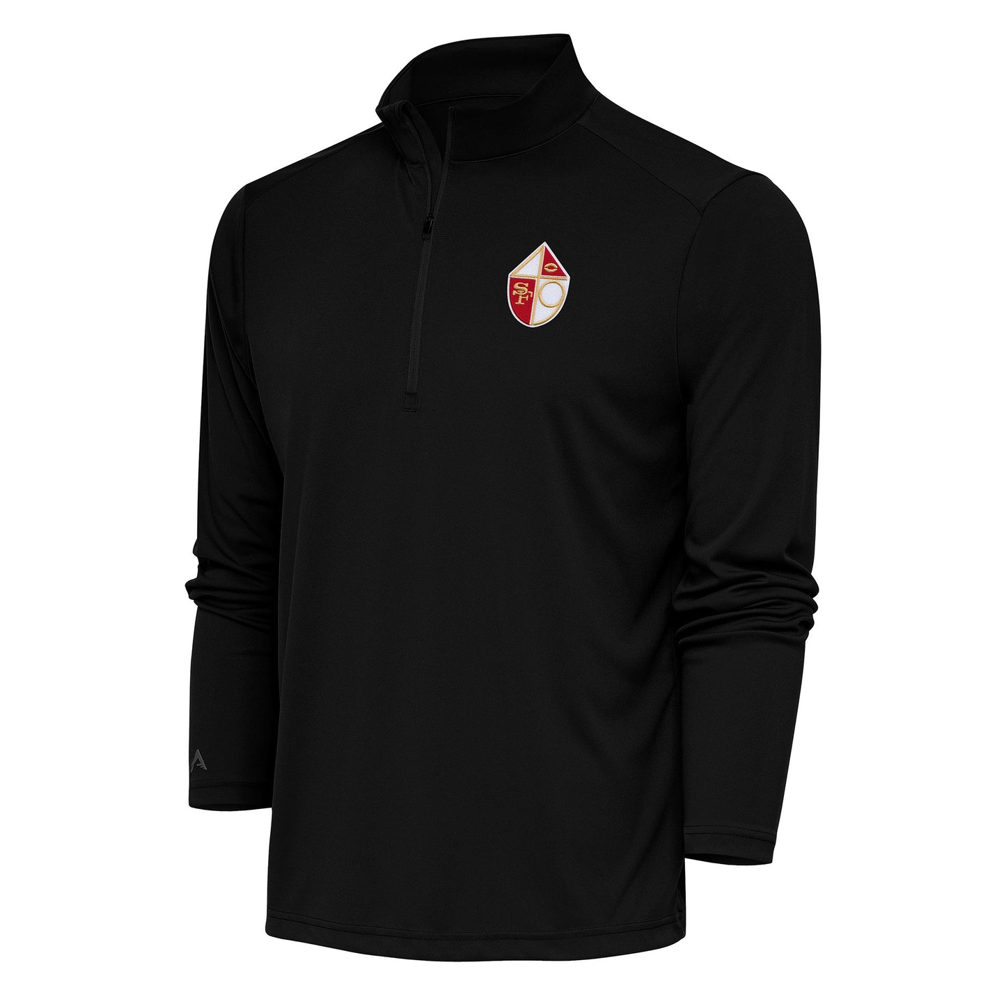 Men's Antigua Black San Francisco 49ers Team Logo Throwback Tribute Quarter-Zip Pullover Top